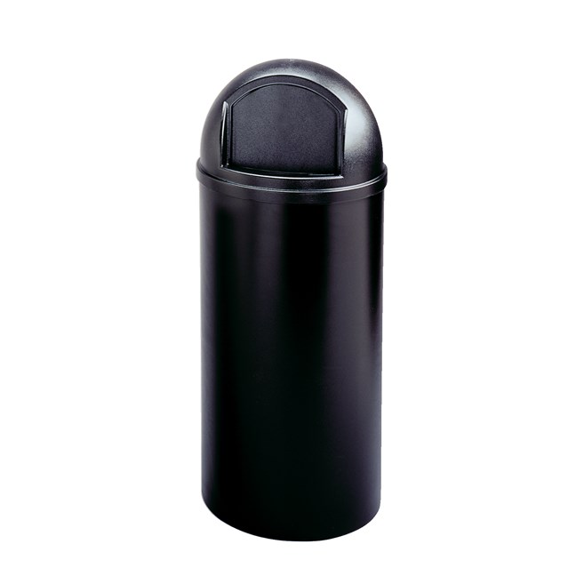 The Rubbermaid Commercial Marshal® Classic Waste Bin with Retainer Bands features a domed and textured top.