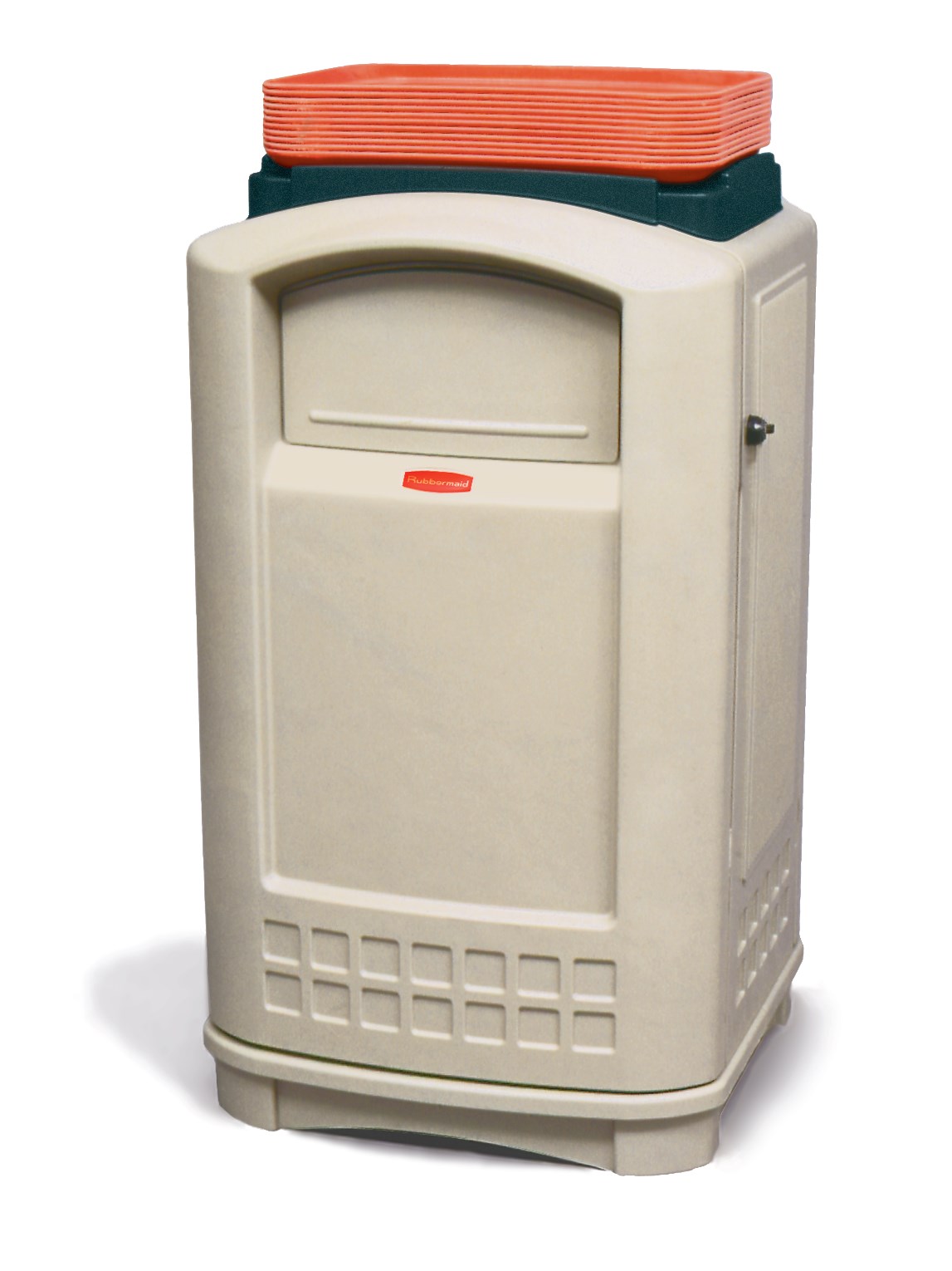 The Plaza® Container with Tray Top offers contemporary styling with a side-opening door for "no lift" waste removal.