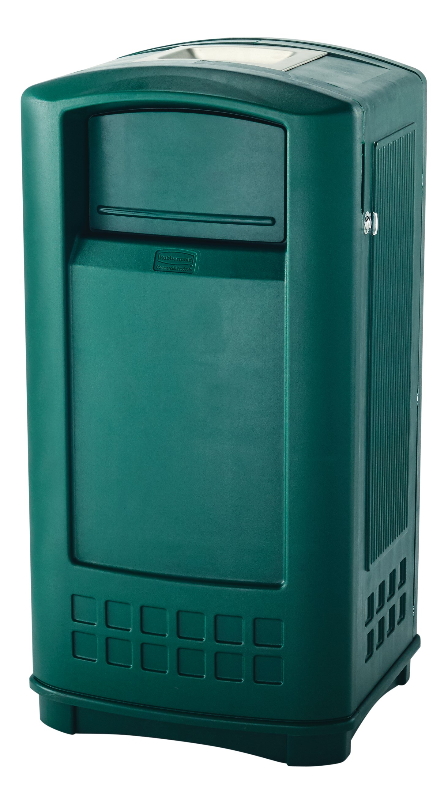 The Rubbermaid Commercial Plaza® Jr. Trash Can offers contemporary styling with a side-opening door for ergonomic waste emptying.