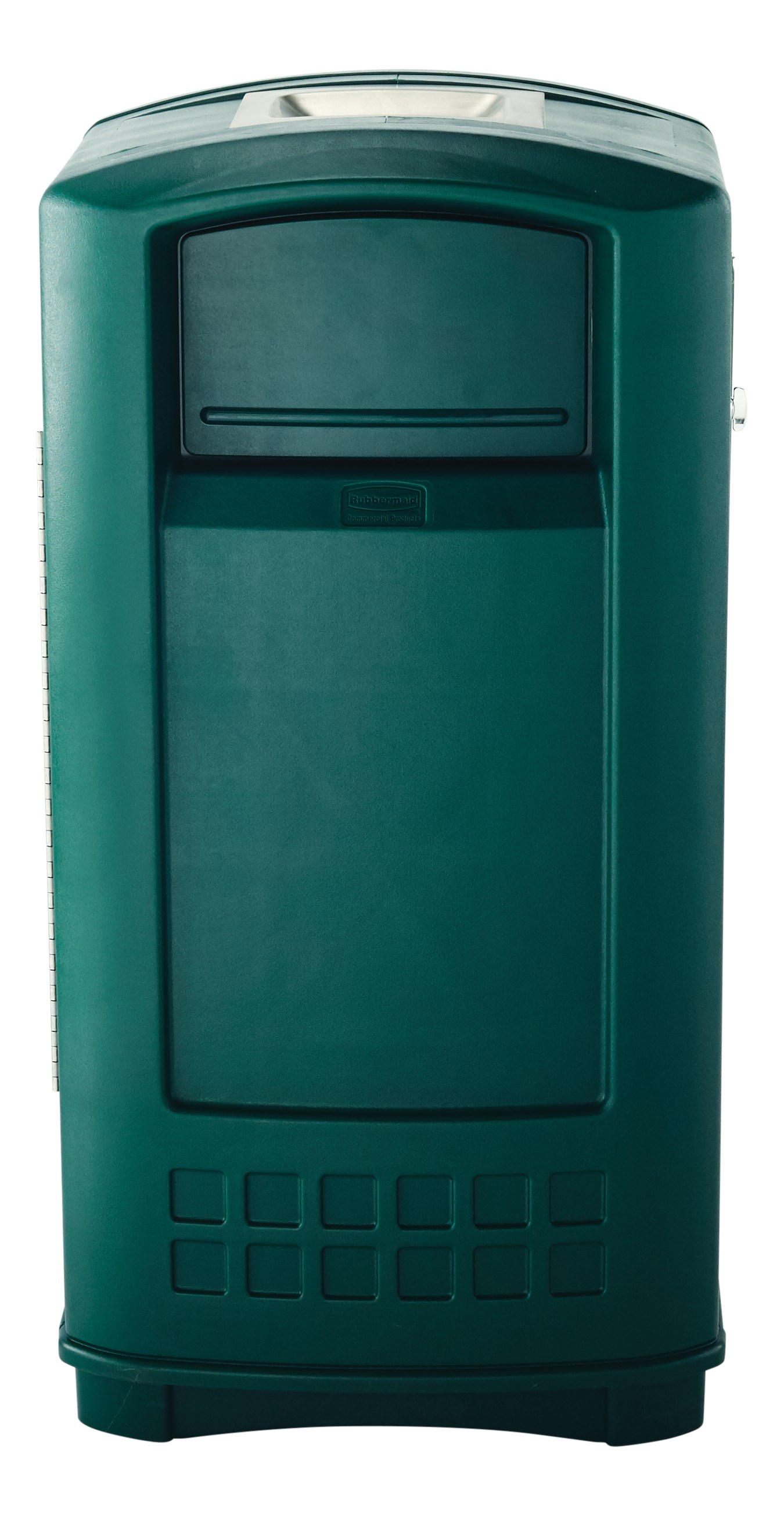 The Rubbermaid Commercial Plaza® Jr. Trash Can offers contemporary styling with a side-opening door for ergonomic waste emptying.