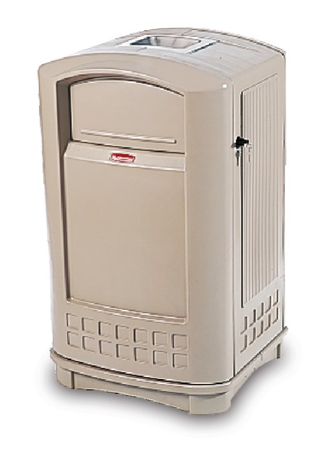 The Plaza® Container with Ash Tray Top offers contemporary styling with a side-opening door for "no lift" waste removal.