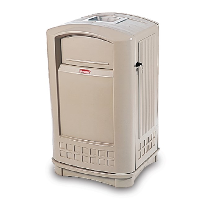 The Plaza® Container with Ash Tray Top offers contemporary styling with a side-opening door for "no lift" waste removal.