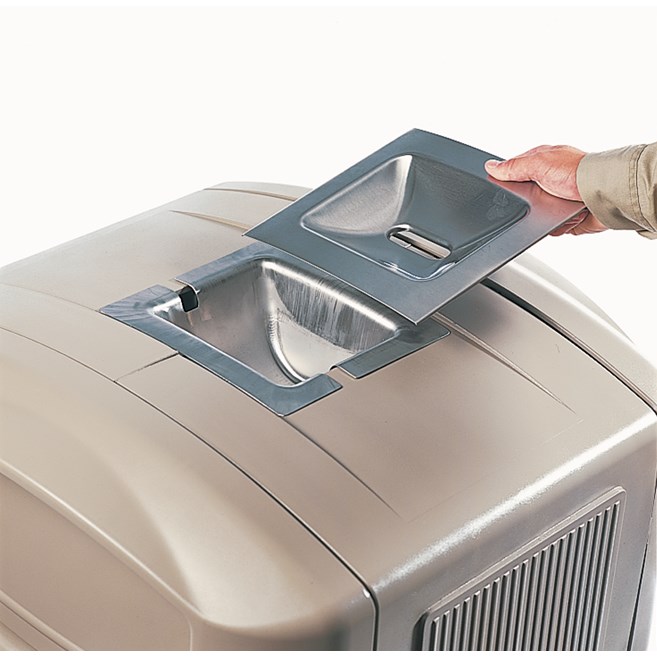 The Plaza® Container with Ash Tray Top offers contemporary styling with a side-opening door for "no lift" waste removal.