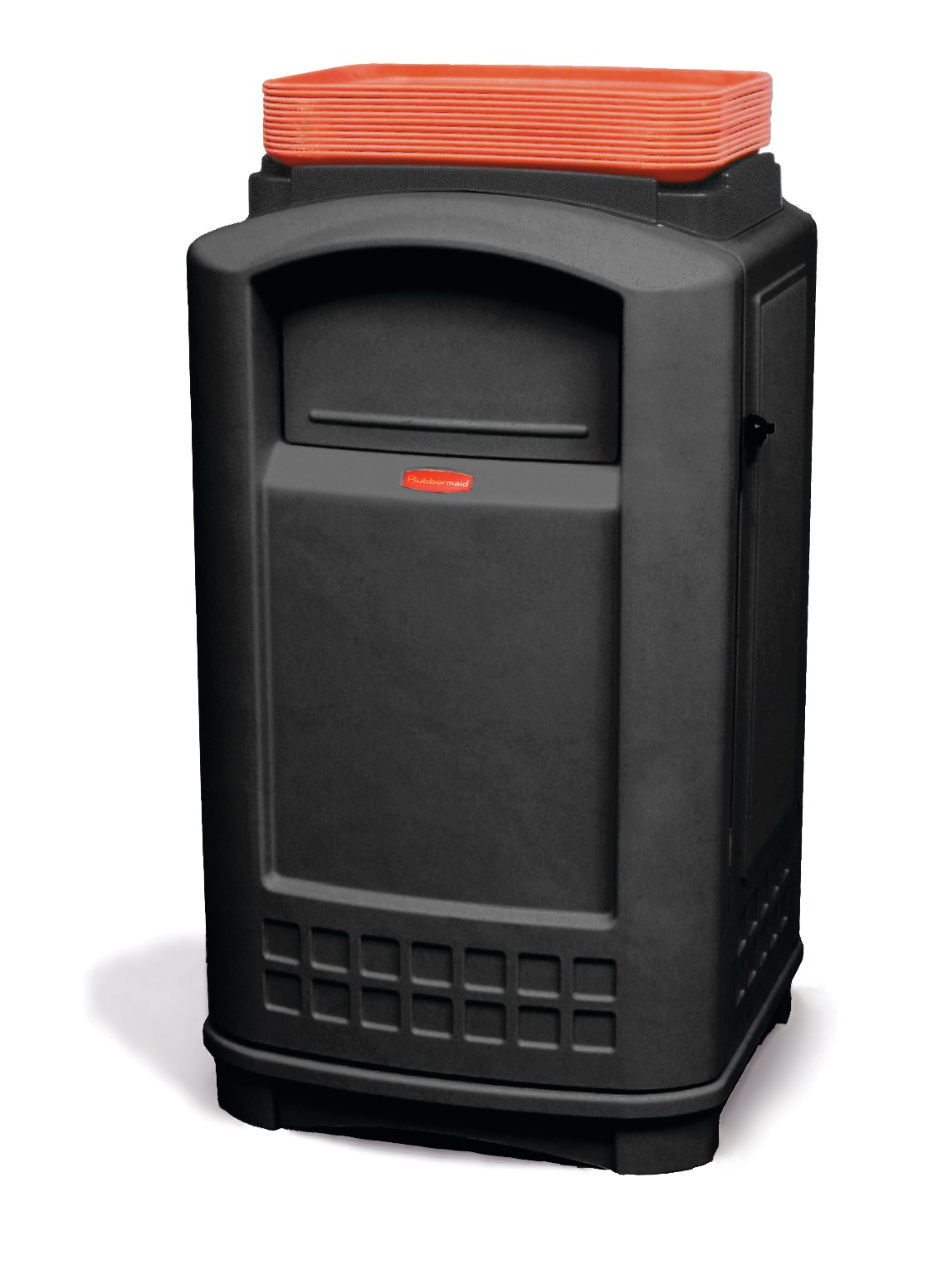 The Plaza® Container with Tray Top offers contemporary styling with a side-opening door for "no lift" waste removal.