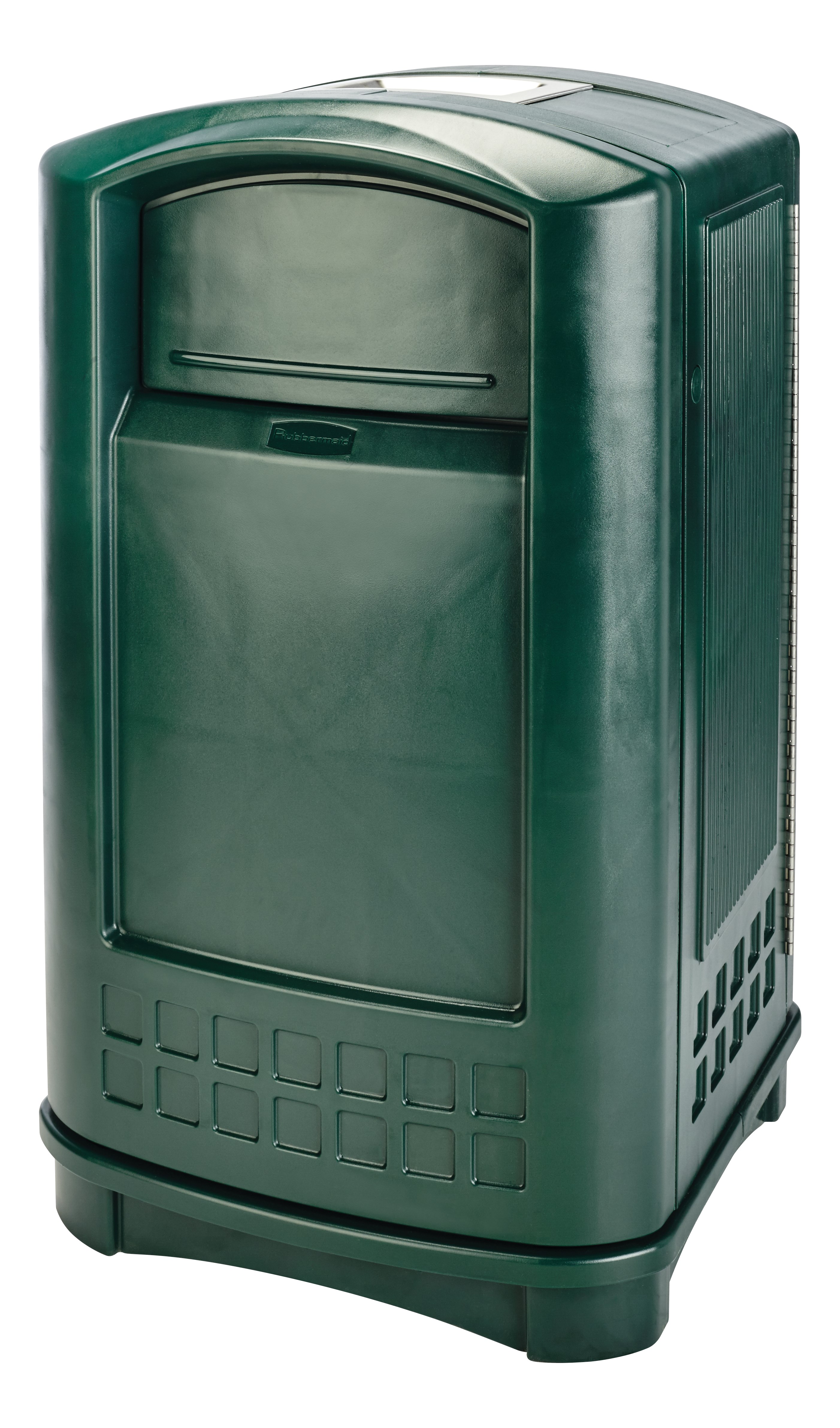 The Rubbermaid Commercial Plaza® Trash Can offers contemporary styling with a side-opening door for ergonomic waste emptying.