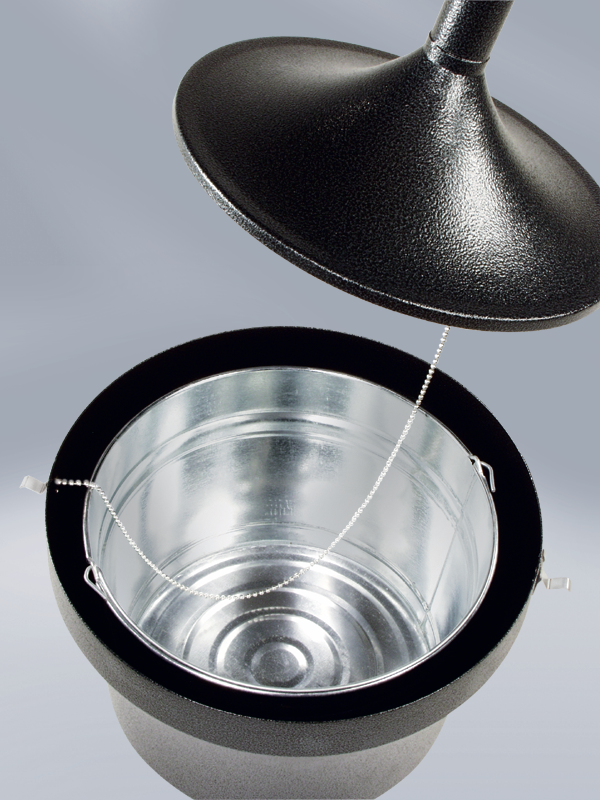 The Rubbermaid Commercial Aladdin Smoker's Station® features a galvanised steel liner with handle for easy disposal.