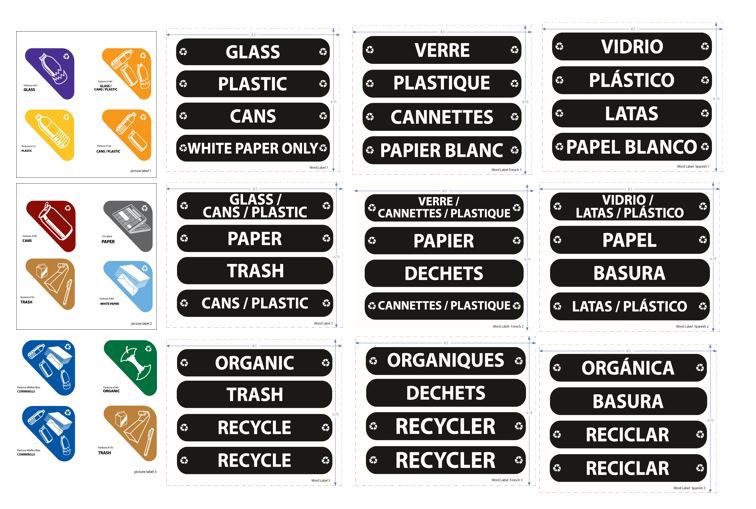 Label kit for Glutton® Recycling Station  includes 12 color coded options of waste stream labels