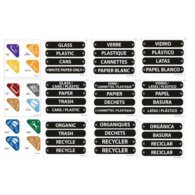 Label kit for Glutton® Recycling Station  includes 12 color coded options of waste stream labels
