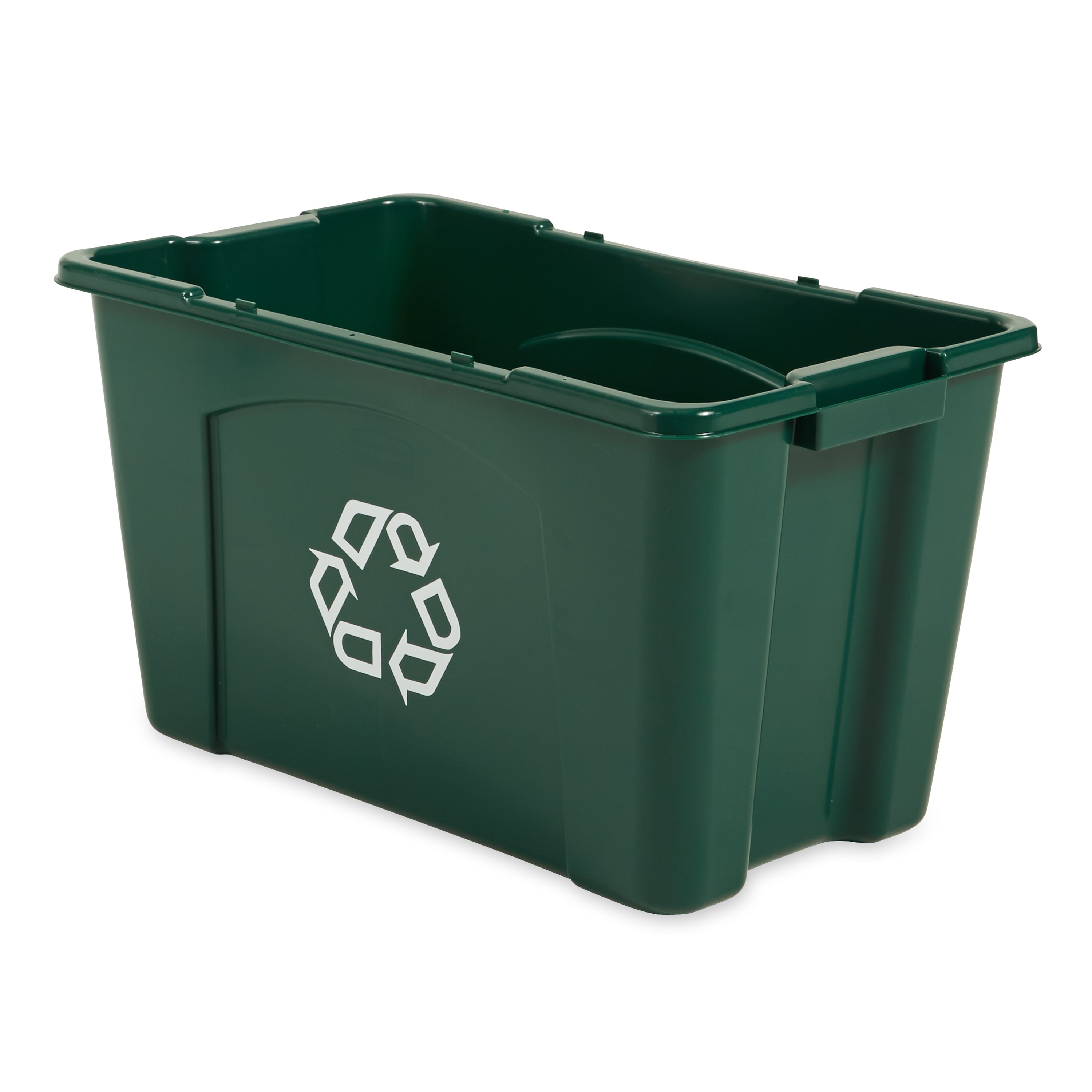 The Rubbermaid Commercial Recycling Bin is made of post-consumer recycled resin for commercial recycling use.