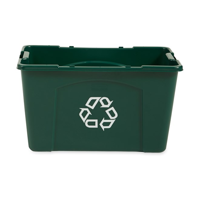 The Rubbermaid Commercial Recycling Bin is made of post-consumer recycled resin for commercial recycling use.