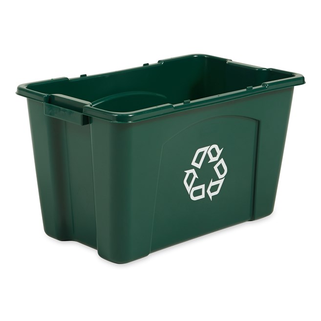 The Rubbermaid Commercial Recycling Bin is made of post-consumer recycled resin for commercial recycling use.