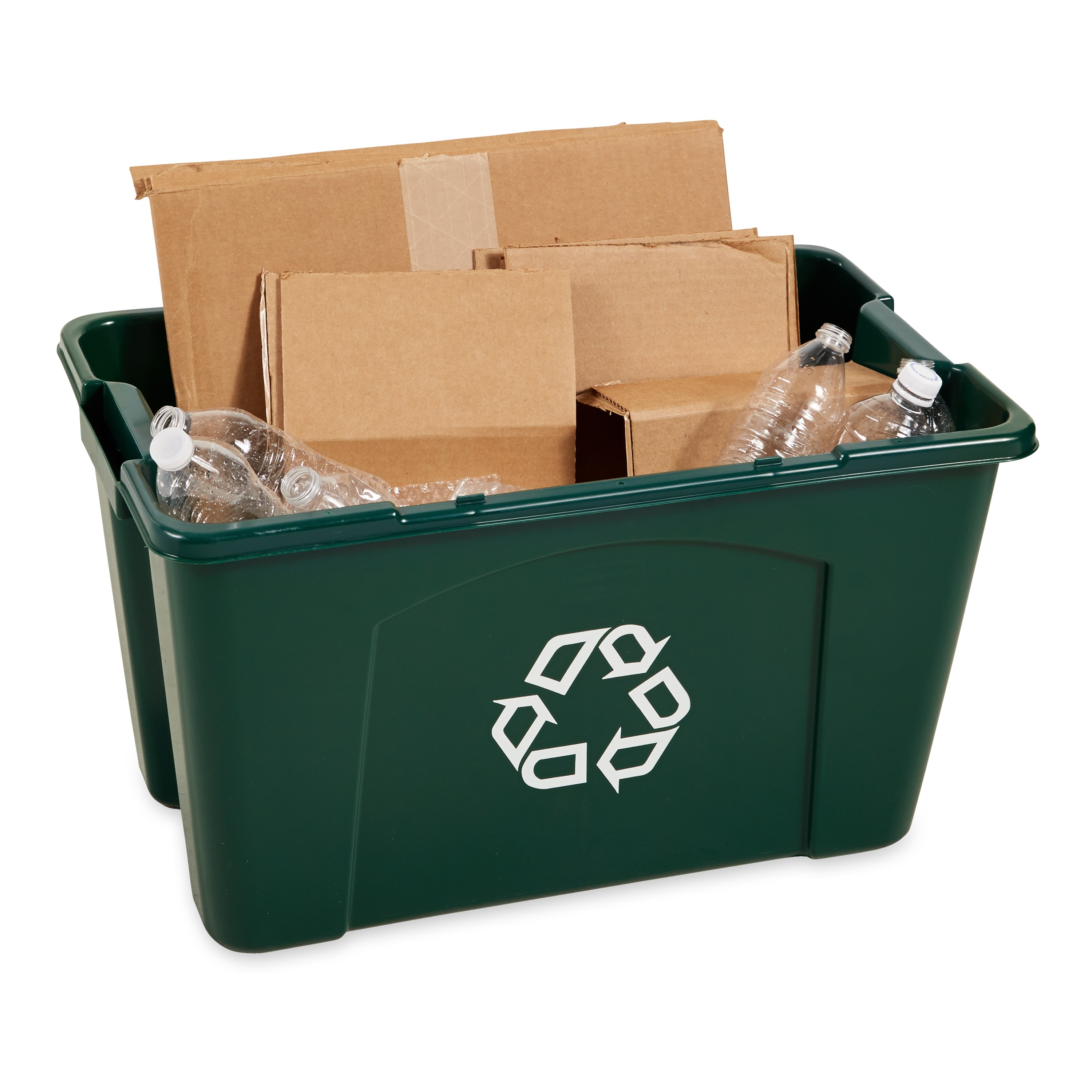 The Rubbermaid Commercial Recycling Bin is made of post-consumer recycled resin for commercial recycling use.