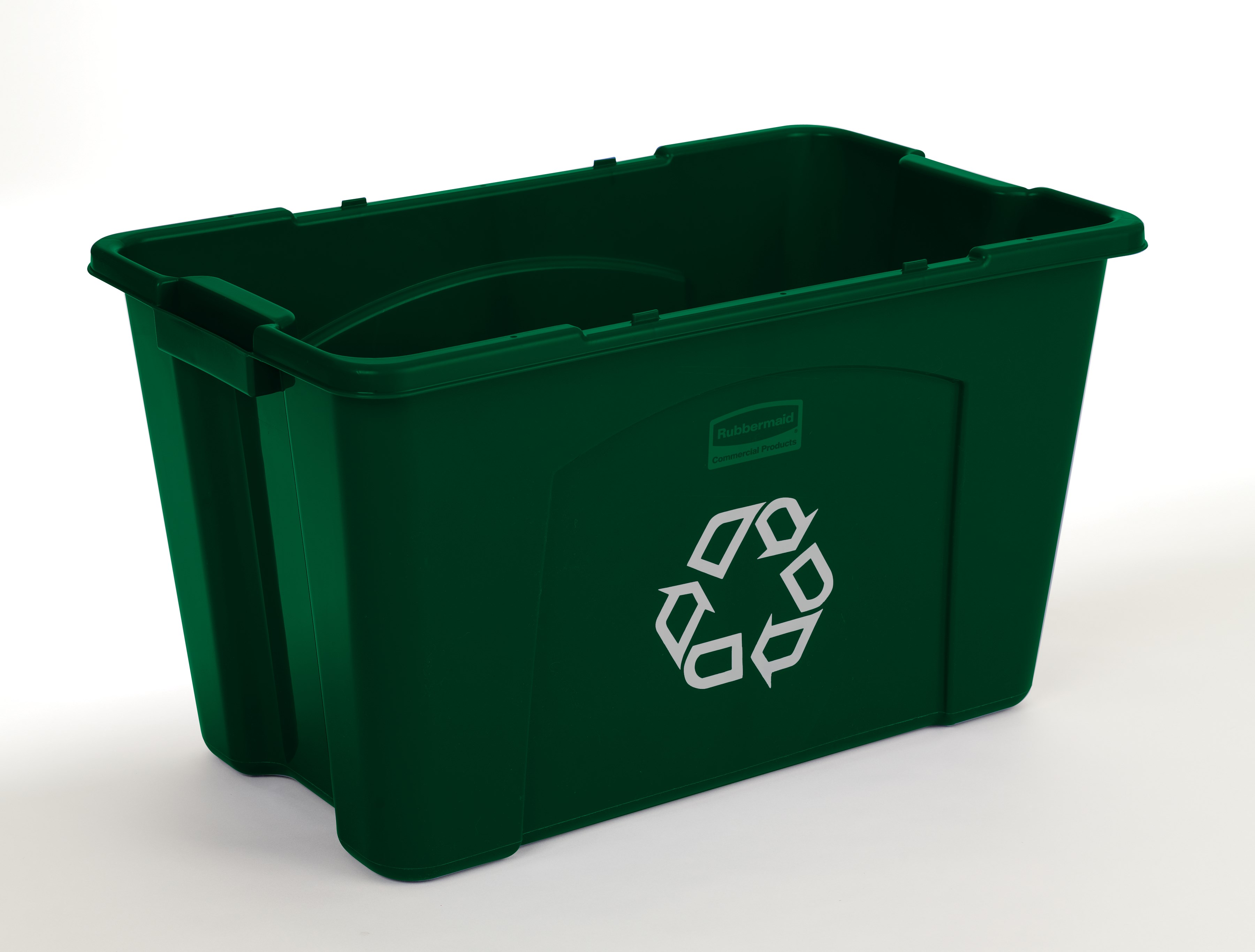 The Rubbermaid Commercial Recycling Bin is made of post-consumer recycled resin for commercial recycling use.
