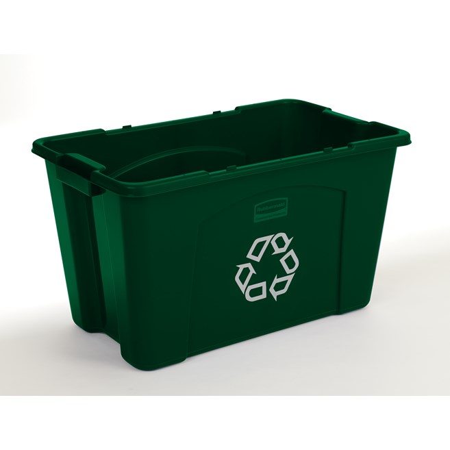 The Rubbermaid Commercial Recycling Bin is made of post-consumer recycled resin for commercial recycling use.
