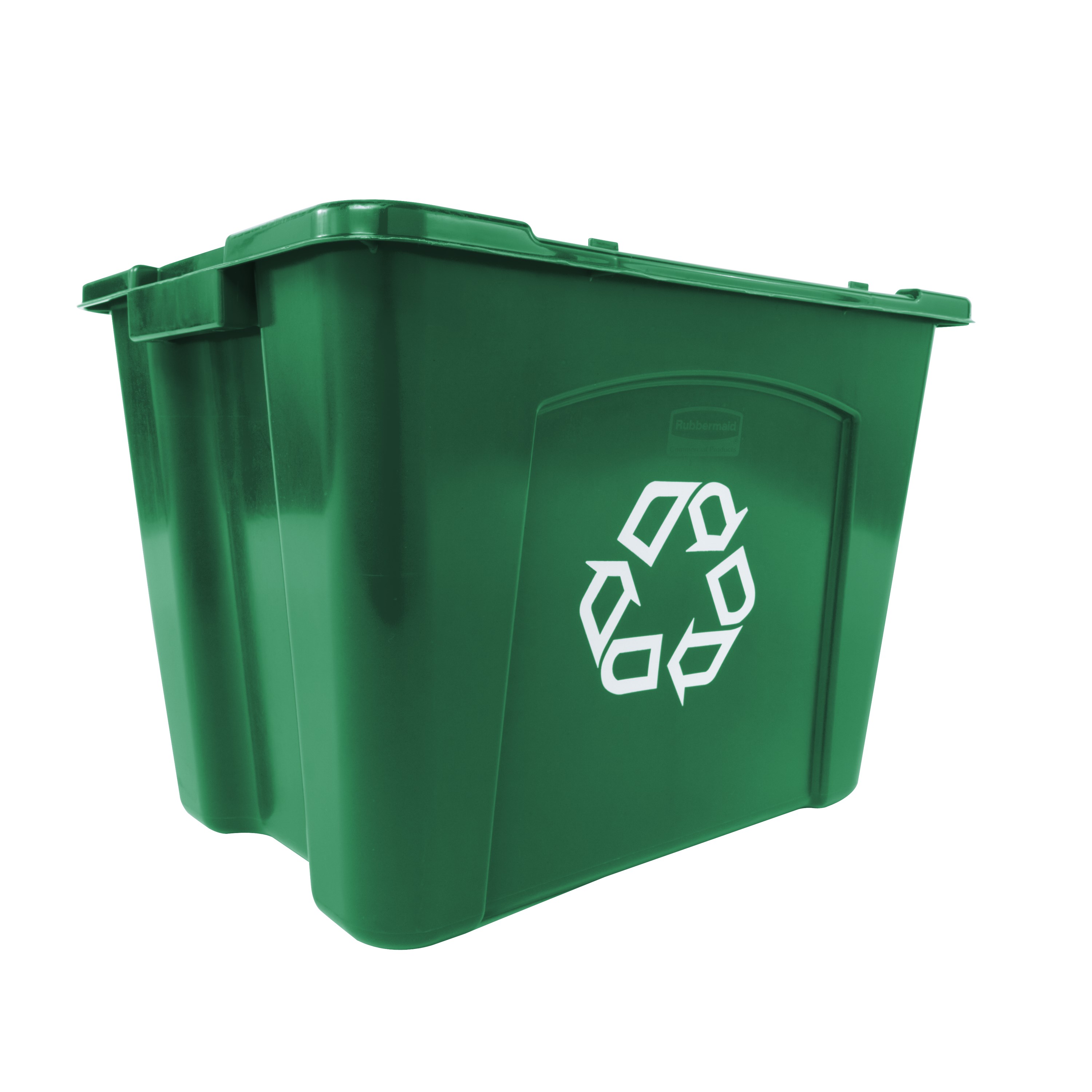 The Rubbermaid Commercial Recycling Bin is made of post-consumer recycled resin for commercial recycling use.