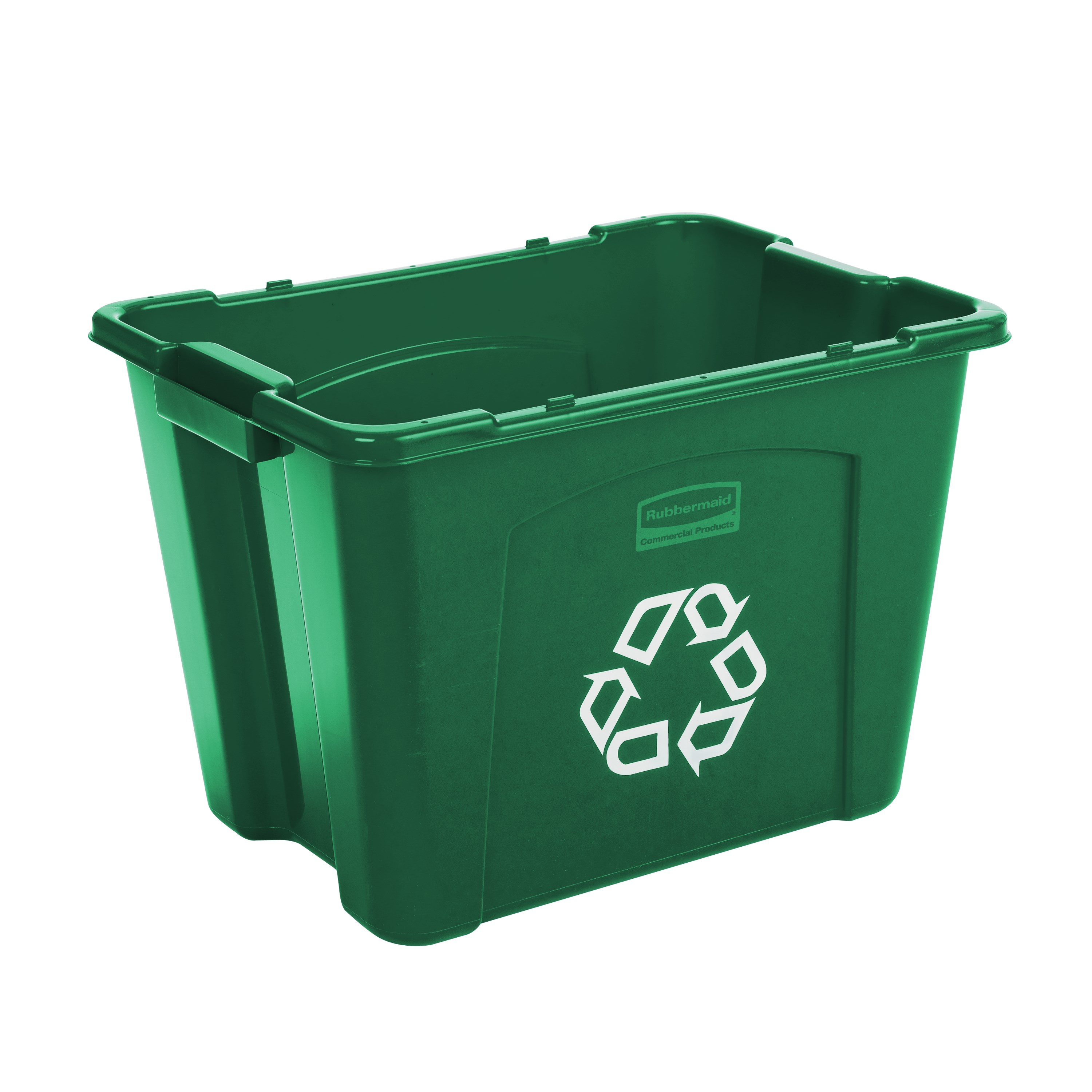 The Rubbermaid Commercial Recycling Bin is made of post-consumer recycled resin for commercial recycling use.