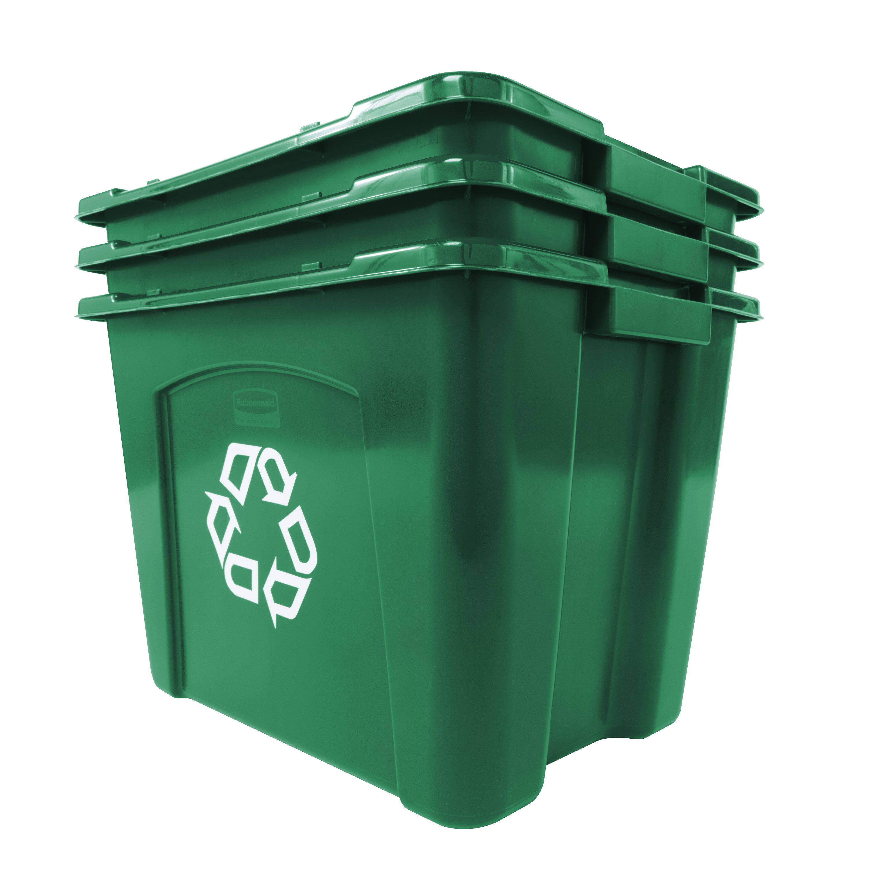 The Rubbermaid Commercial Recycling Bin is made of post-consumer recycled resin for commercial recycling use.