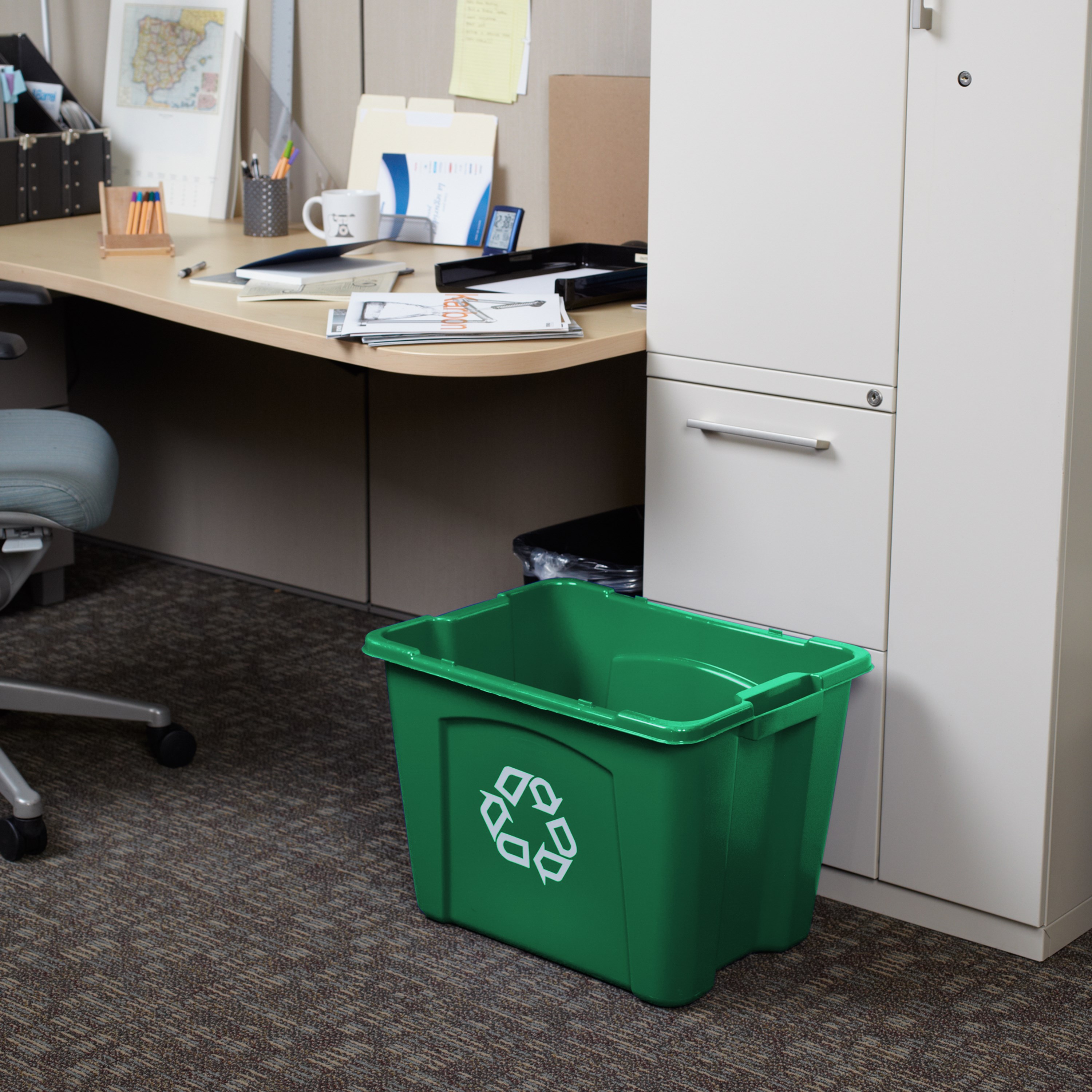 The Rubbermaid Commercial Recycling Bin is made of post-consumer recycled resin for commercial recycling use.