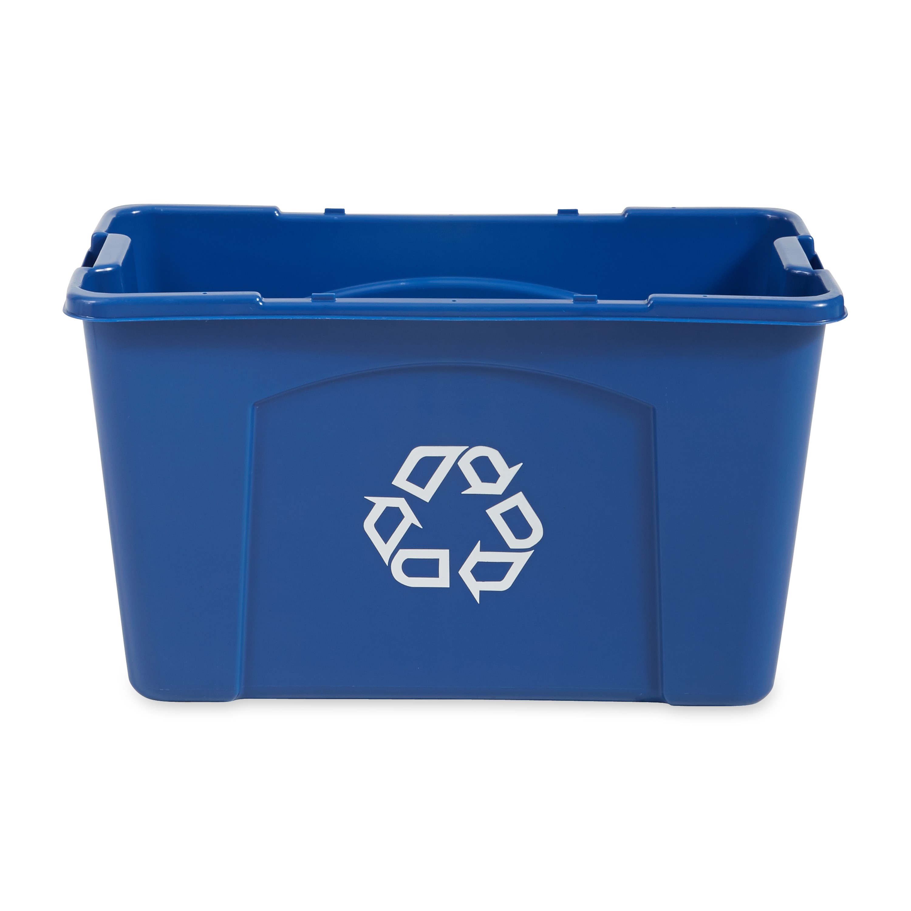 The Rubbermaid Commercial Recycling Bin is made of post-consumer recycled resin for commercial recycling use.