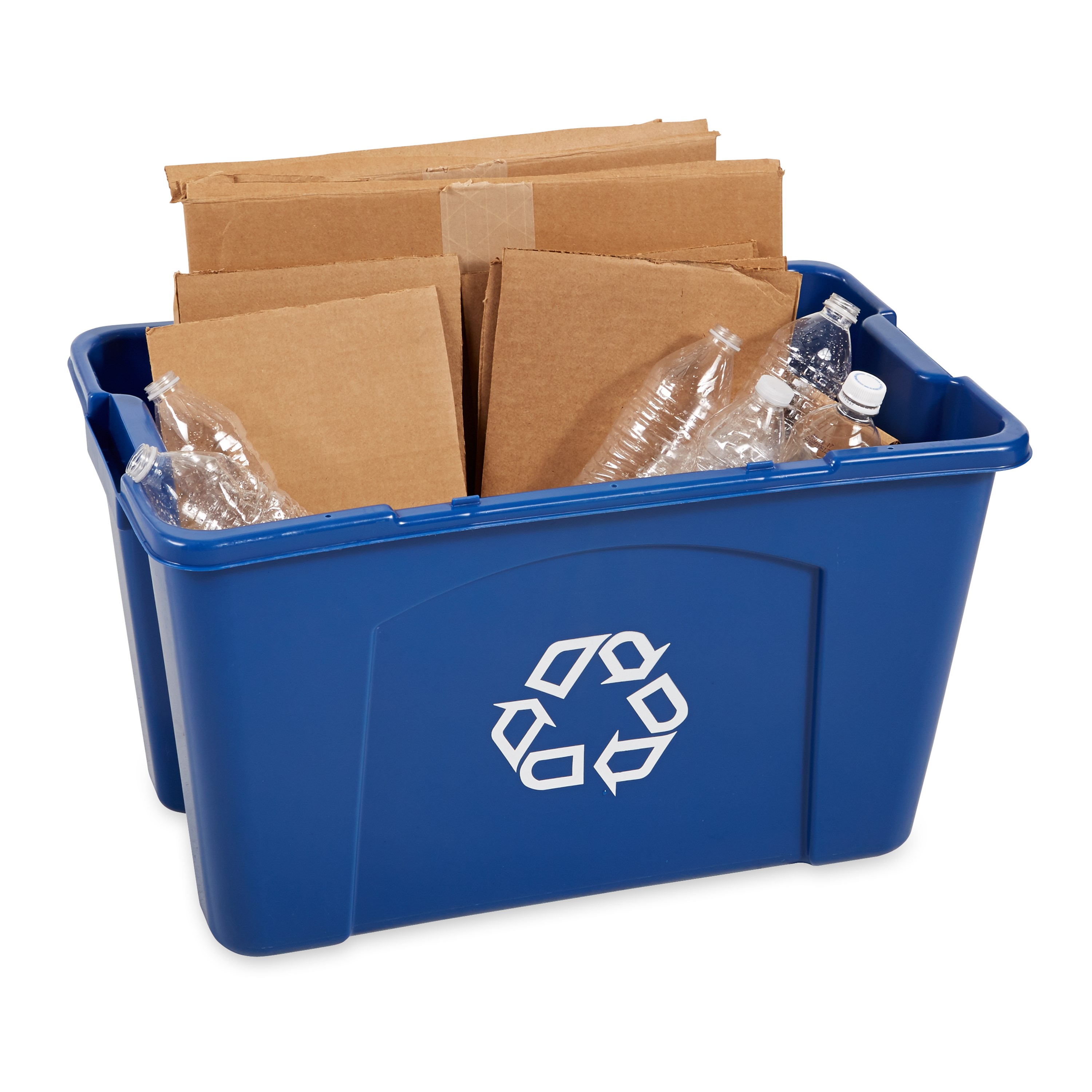 The Rubbermaid Commercial Recycling Bin is made of post-consumer recycled resin for commercial recycling use.