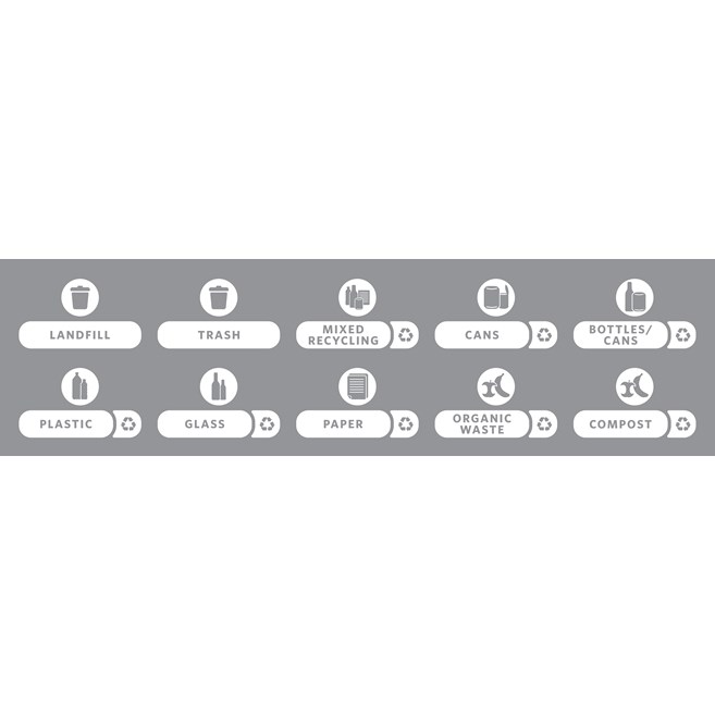 Expert-designed waste stream labels feature three visual cues, the recycling symbol, a stream icon and verbiage proven to increase recycling effectiveness. Kit includes labels designed for wastebaskets.