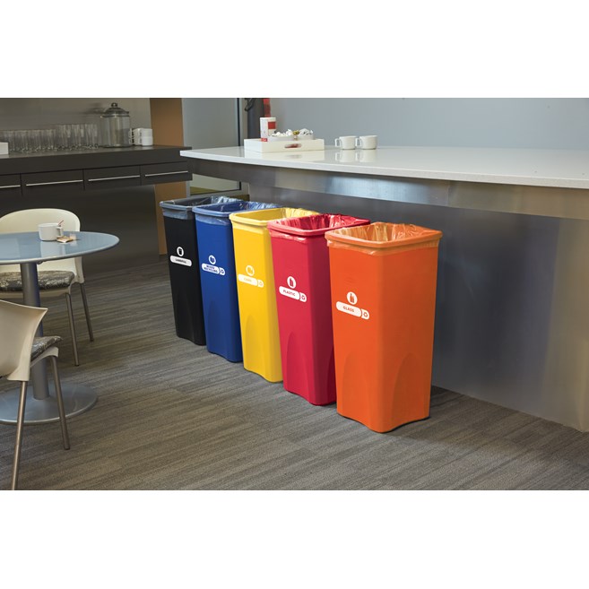Expert-designed waste stream labels feature three visual cues, the recycling symbol, a stream icon and verbiage proven to increase recycling effectiveness. Kit includes labels designed for wastebaskets.