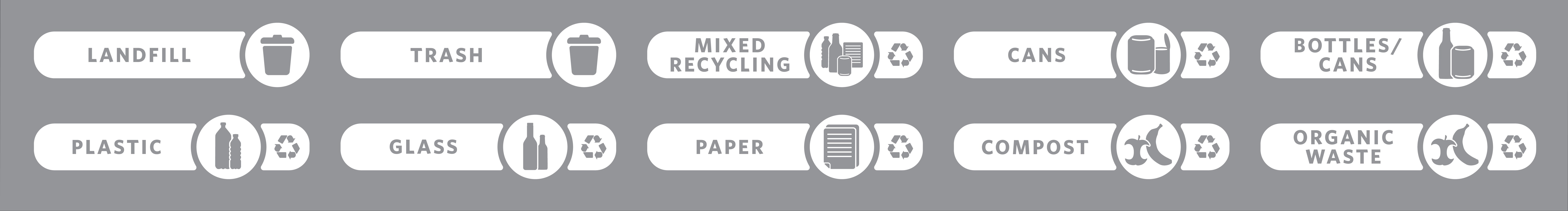 Expert-designed waste stream labels feature three visual cues, the recycling symbol, a stream icon and verbiage proven to increase recycling effectiveness. Kit includes labels designed for BRUTE® containers, horizontal Slim Jim® recycling lids,  Untouchable® containers, Rollout containers, and tilt truck placards.