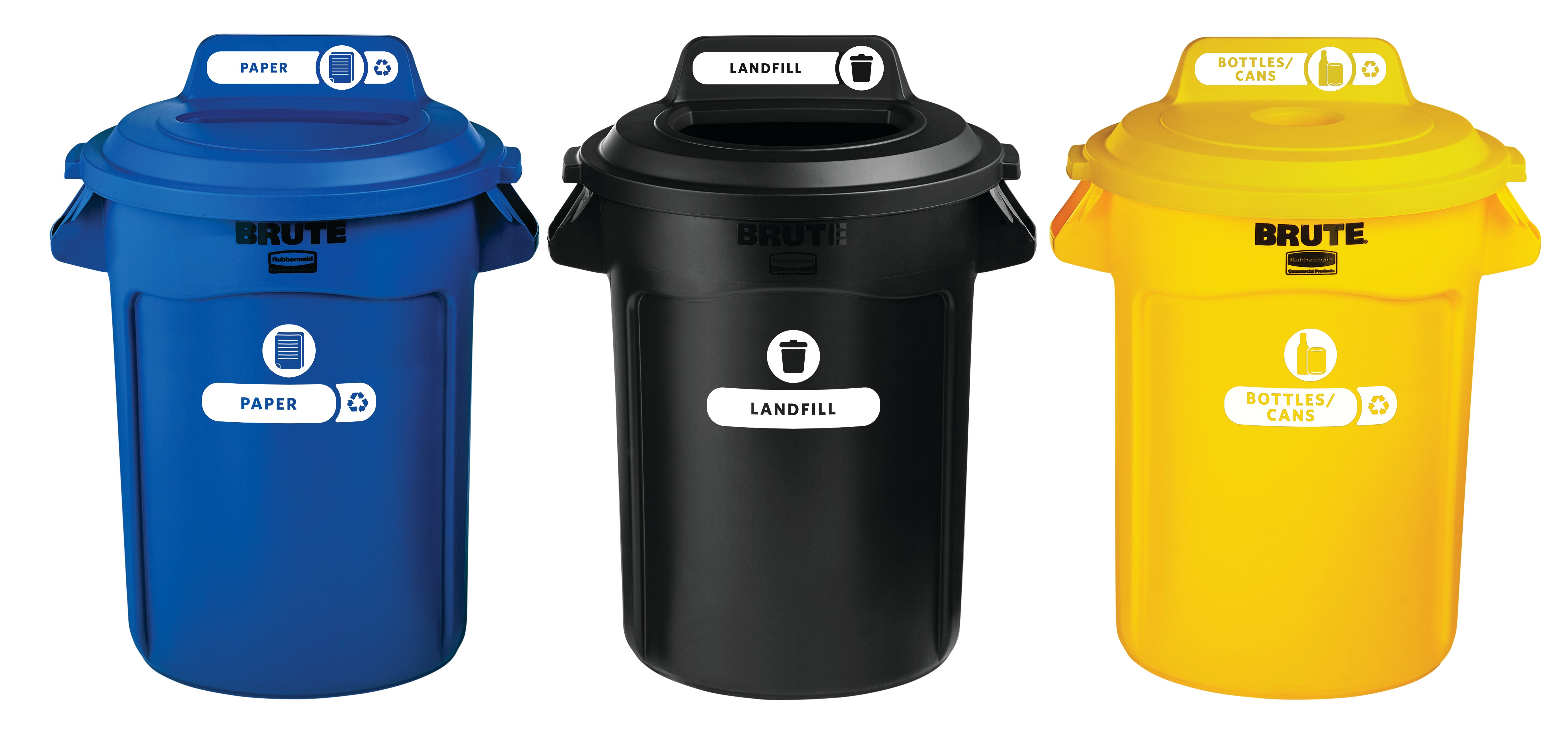 Expert-designed waste stream labels feature three visual cues, the recycling symbol, a stream icon and verbiage proven to increase recycling effectiveness. Kit includes labels designed for BRUTE® containers, horizontal Slim Jim® recycling lids,  Untouchable® containers, Rollout containers, and tilt truck placards.