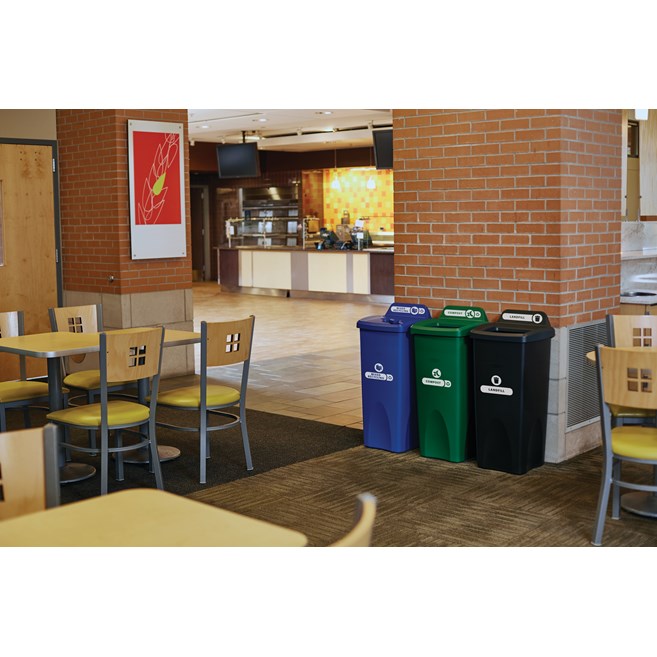 Expert-designed waste stream labels feature three visual cues, the recycling symbol, a stream icon and verbiage proven to increase recycling effectiveness. Kit includes labels designed for BRUTE® containers, horizontal Slim Jim® recycling lids,  Untouchable® containers, Rollout containers, and tilt truck placards.