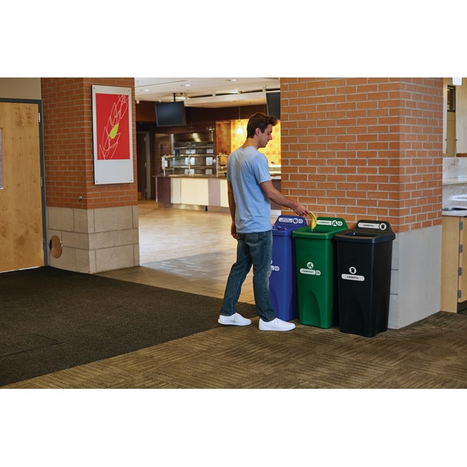 Expert-designed waste stream labels feature three visual cues, the recycling symbol, a stream icon and verbiage proven to increase recycling effectiveness. Kit includes labels designed for BRUTE® containers, horizontal Slim Jim® recycling lids,  Untouchable® containers, Rollout containers, and tilt truck placards.