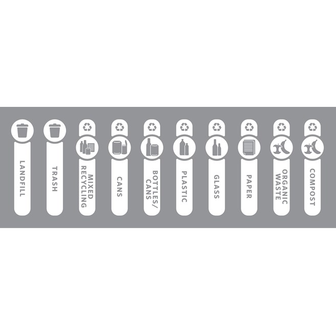 Expert-designed waste stream labels feature three visual cues, the recycling symbol, a stream icon and verbiage proven to increase recycling effectiveness.