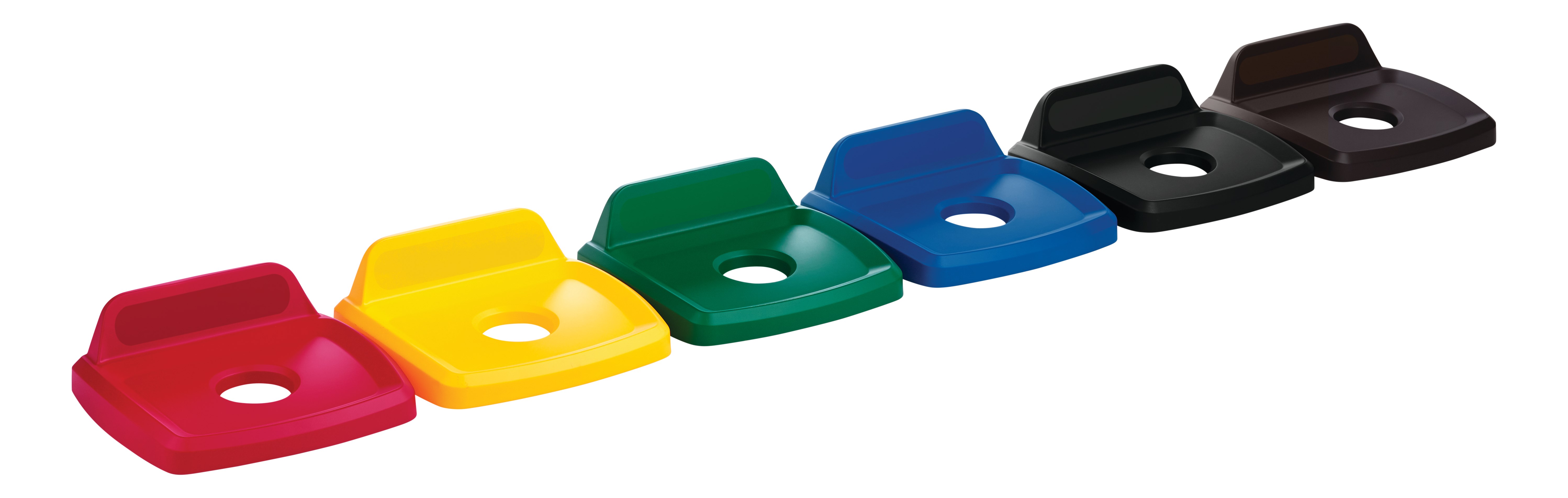 The Rubbermaid Commercial Products Universal Lids are designed to make recycling easier with consistent color-coding, lid openings and waste stream options