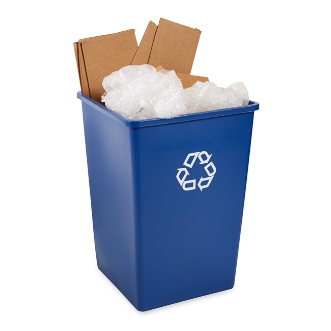 The Rubbermaid Commercial Products Universal Recycling Container is perfect for use in areas of high paper generation, such as near copiers, printers, and in mailrooms. This square recycler contains Post-Consumer Recycled Resin (PCR) exceeding EPA guidelines.