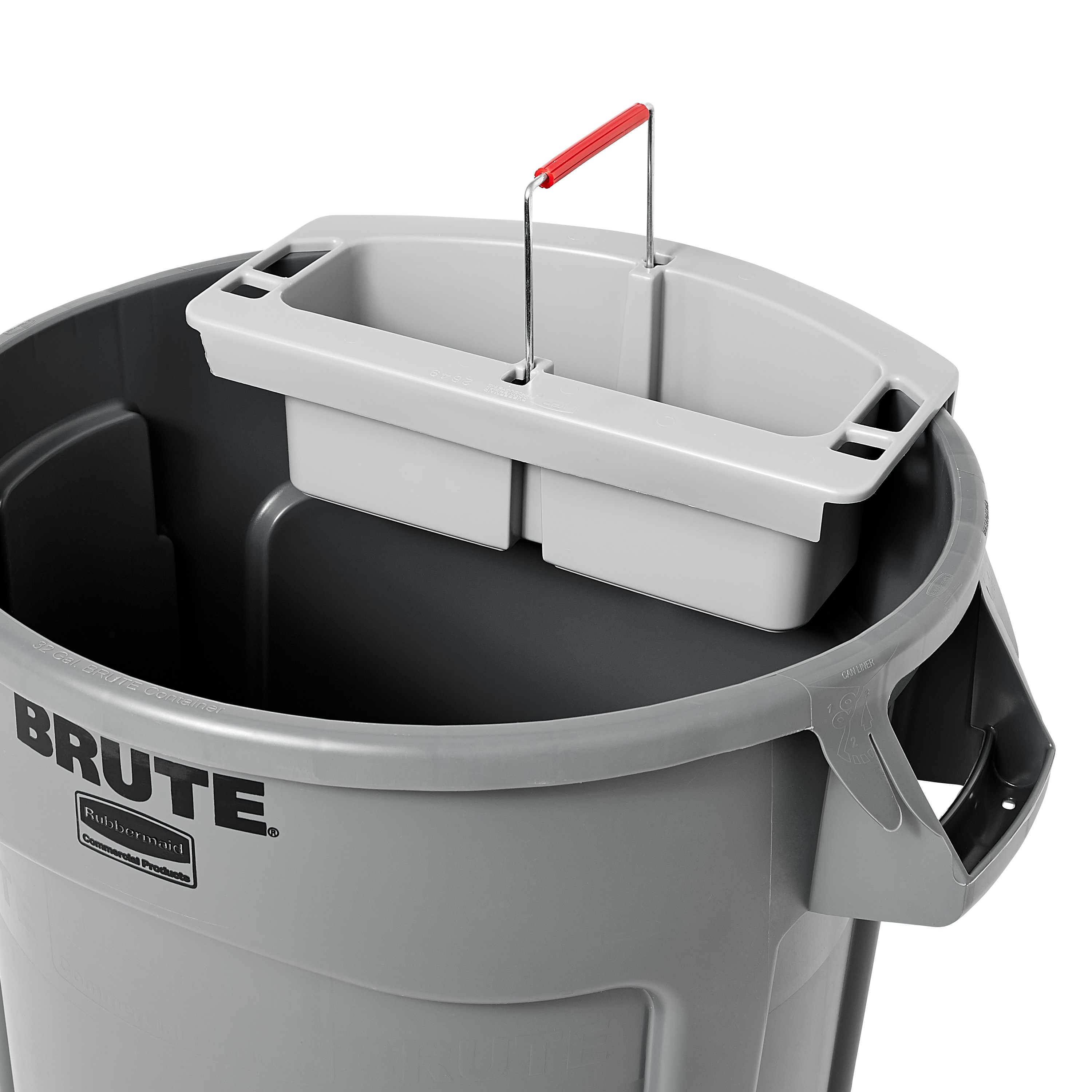 The Rubbermaid Commercial Maid Cleaning Caddy can be carried on its own or snapped into the 44-gallon BRUTE container (sold separately) for additional storage.