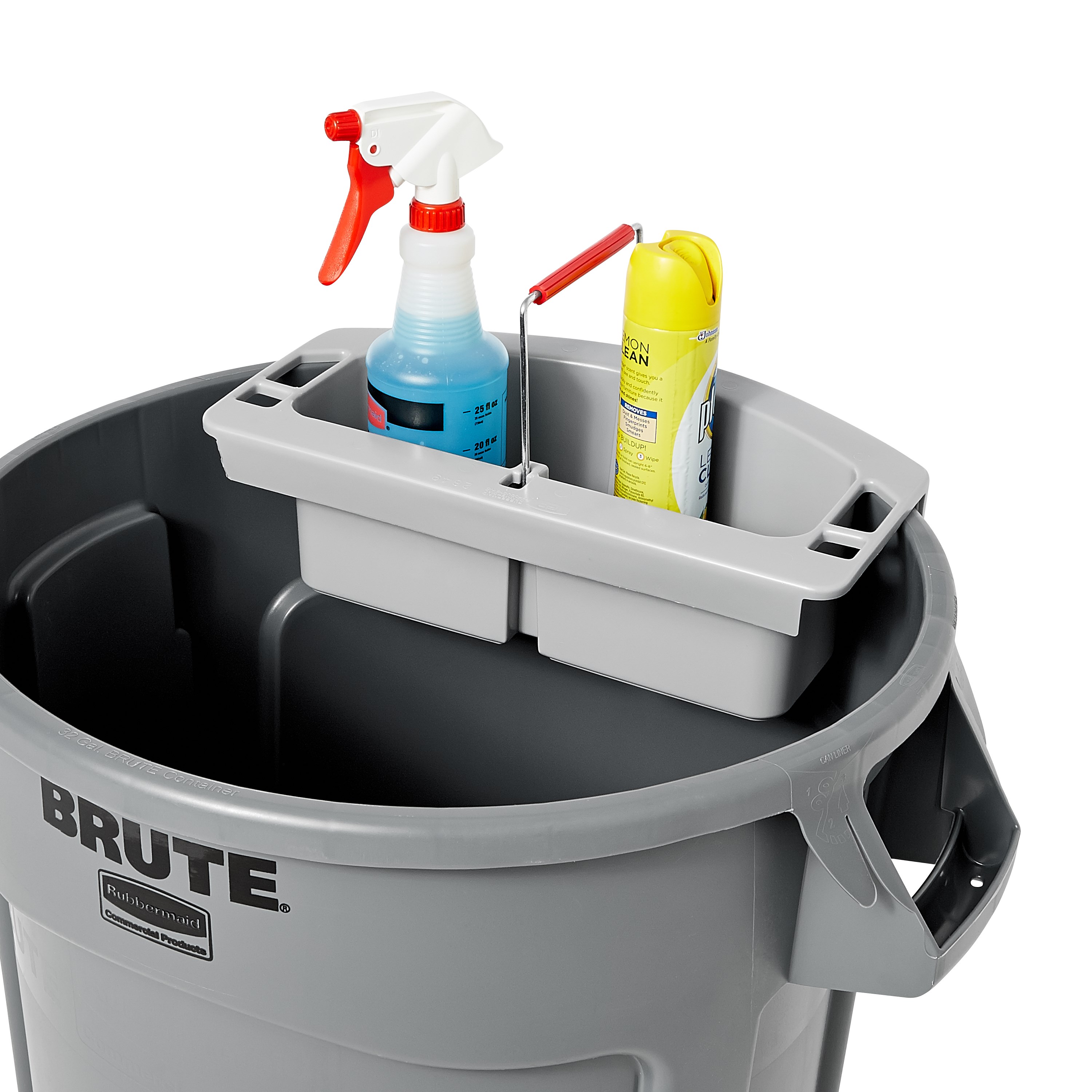 The Rubbermaid Commercial Maid Cleaning Caddy can be carried on its own or snapped into the 44-gallon BRUTE container (sold separately) for additional storage.