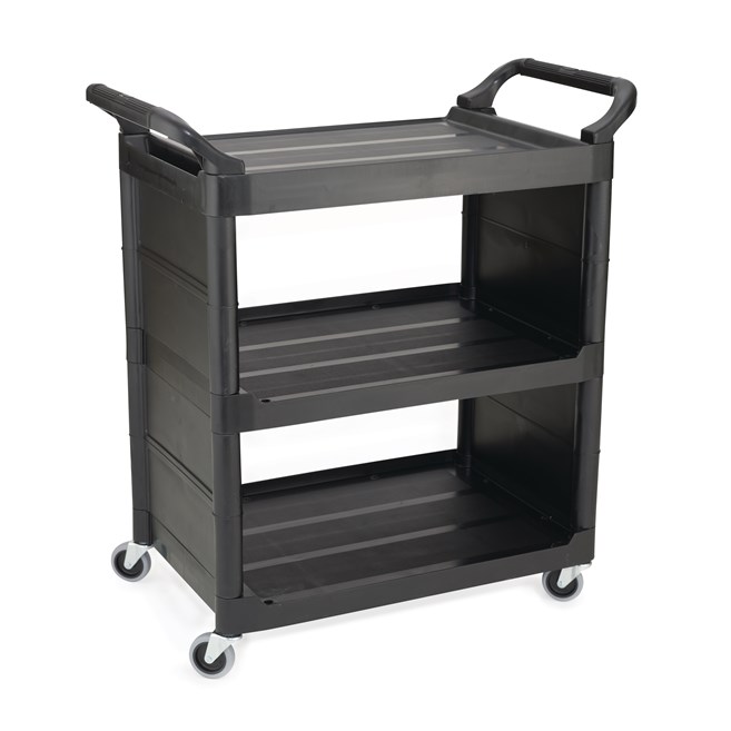 The Rubbermaid Commercial Utility Cart features easy-to-clean smooth surfaces, swivel casters for easy mobility, and user-friendly easy to grip handles.