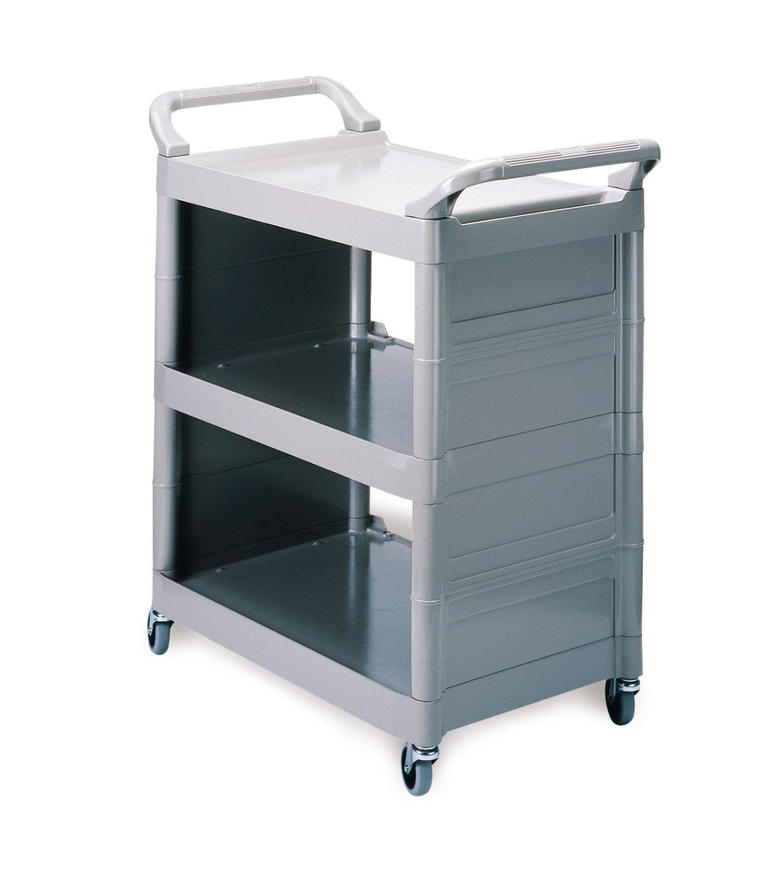 The Rubbermaid Commercial 3421 Service Cart with Swivel Casters and End Panels, Platinum. 150 lbs load capacity, easy to clean shelves, comfortable curved handles.