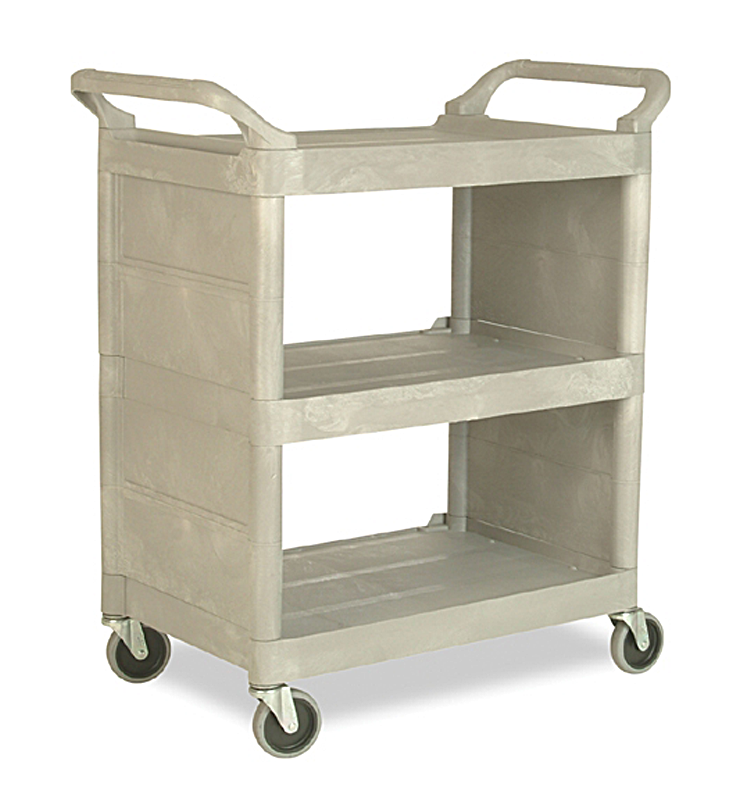 The Rubbermaid Commercial 3421 Service Cart with Swivel Casters and End Panels, Platinum. 150 lbs load capacity, easy to clean shelves, comfortable curved handles.