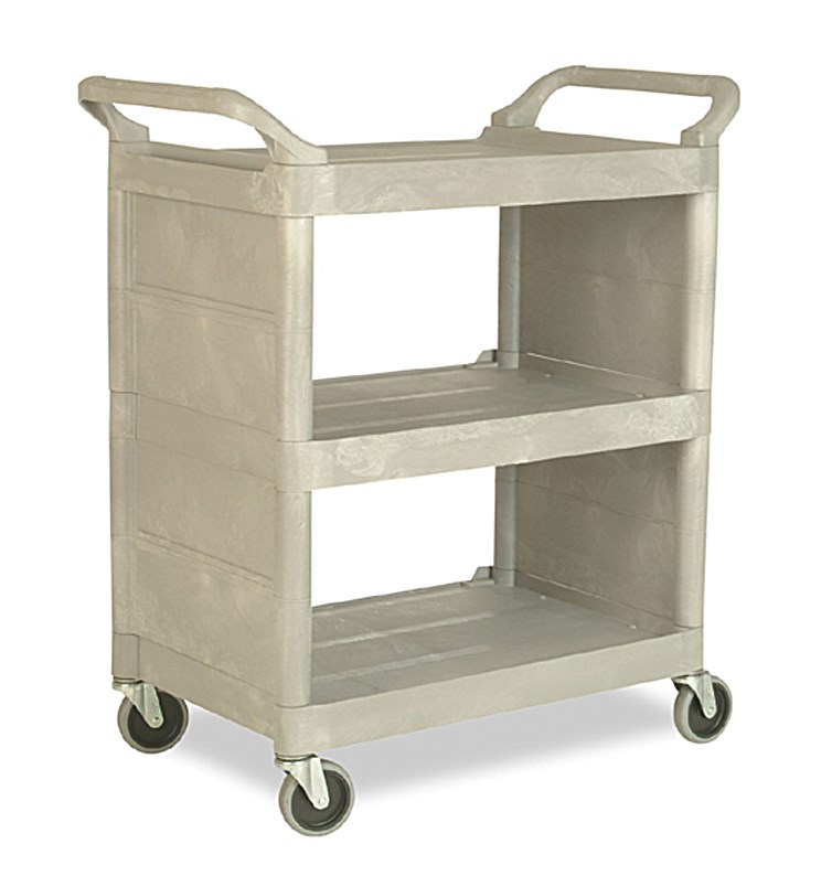 The Rubbermaid Commercial 3421 Service Cart with Swivel Casters and End Panels, Platinum. 150 lbs load capacity, easy to clean shelves, comfortable curved handles.