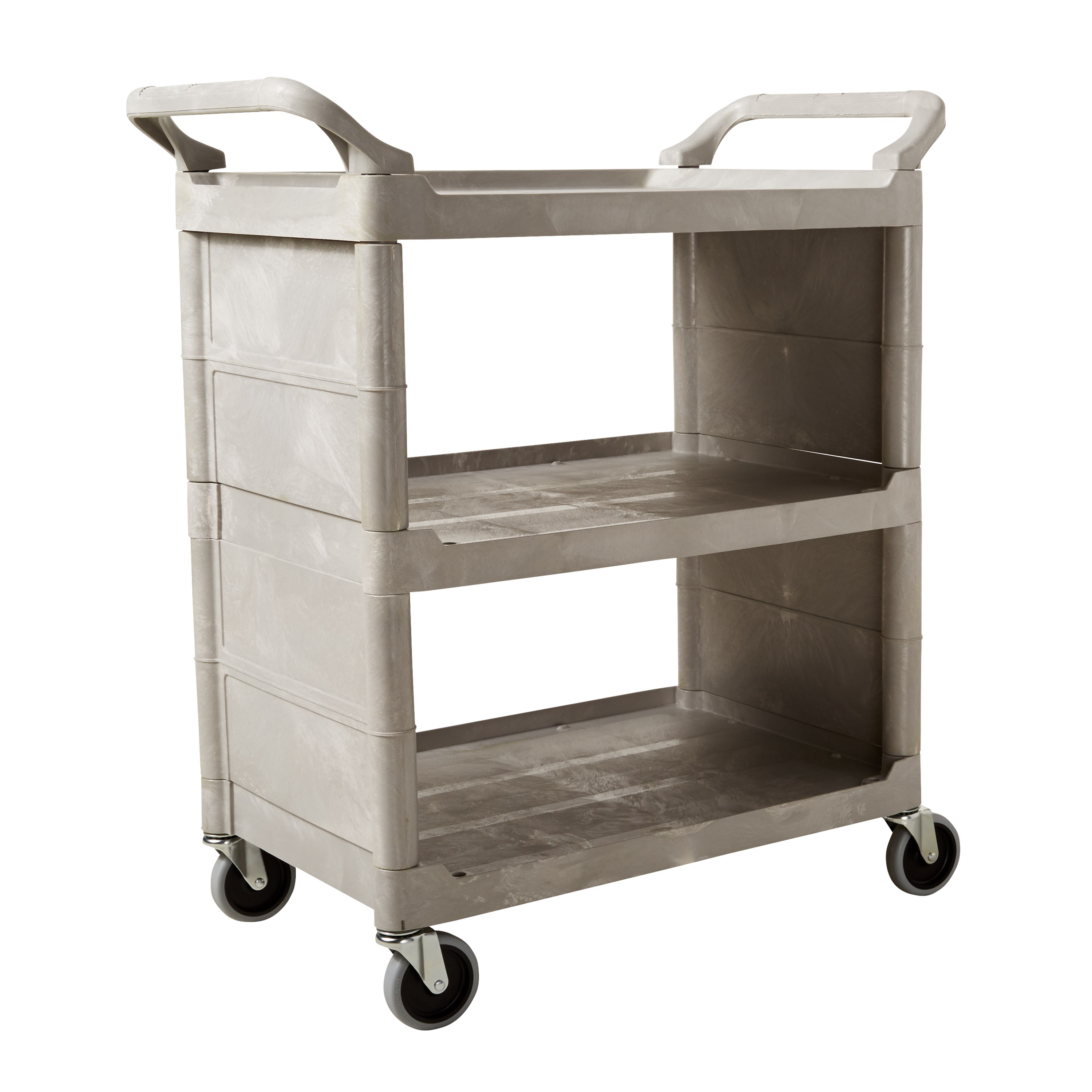 Service Utility Cart with 3-inch Swivel Casters and End Panels is a versatile, durable cart that can perform a wide variety of tasks. This rolling utility cart has non-marking swivel casters for smooth movement and raised arms on both sides for easy maneuverability.
