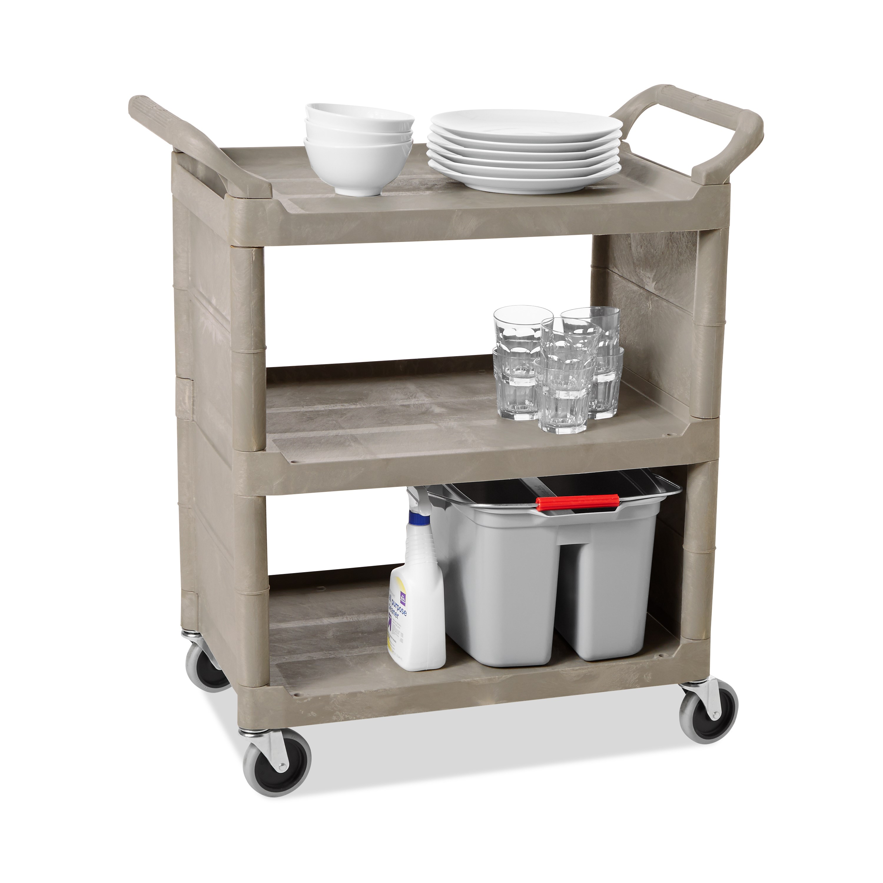 Service Utility Cart with 3-inch Swivel Casters and End Panels is a versatile, durable cart that can perform a wide variety of tasks. This rolling utility cart has non-marking swivel casters for smooth movement and raised arms on both sides for easy maneuverability.