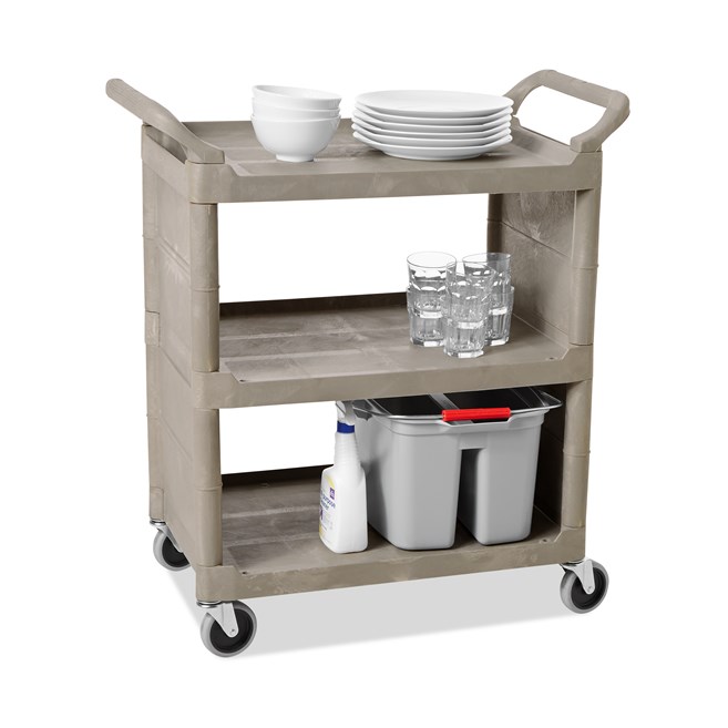 Service Utility Cart with 3-inch Swivel Casters and End Panels is a versatile, durable cart that can perform a wide variety of tasks. This rolling utility cart has non-marking swivel casters for smooth movement and raised arms on both sides for easy maneuverability.