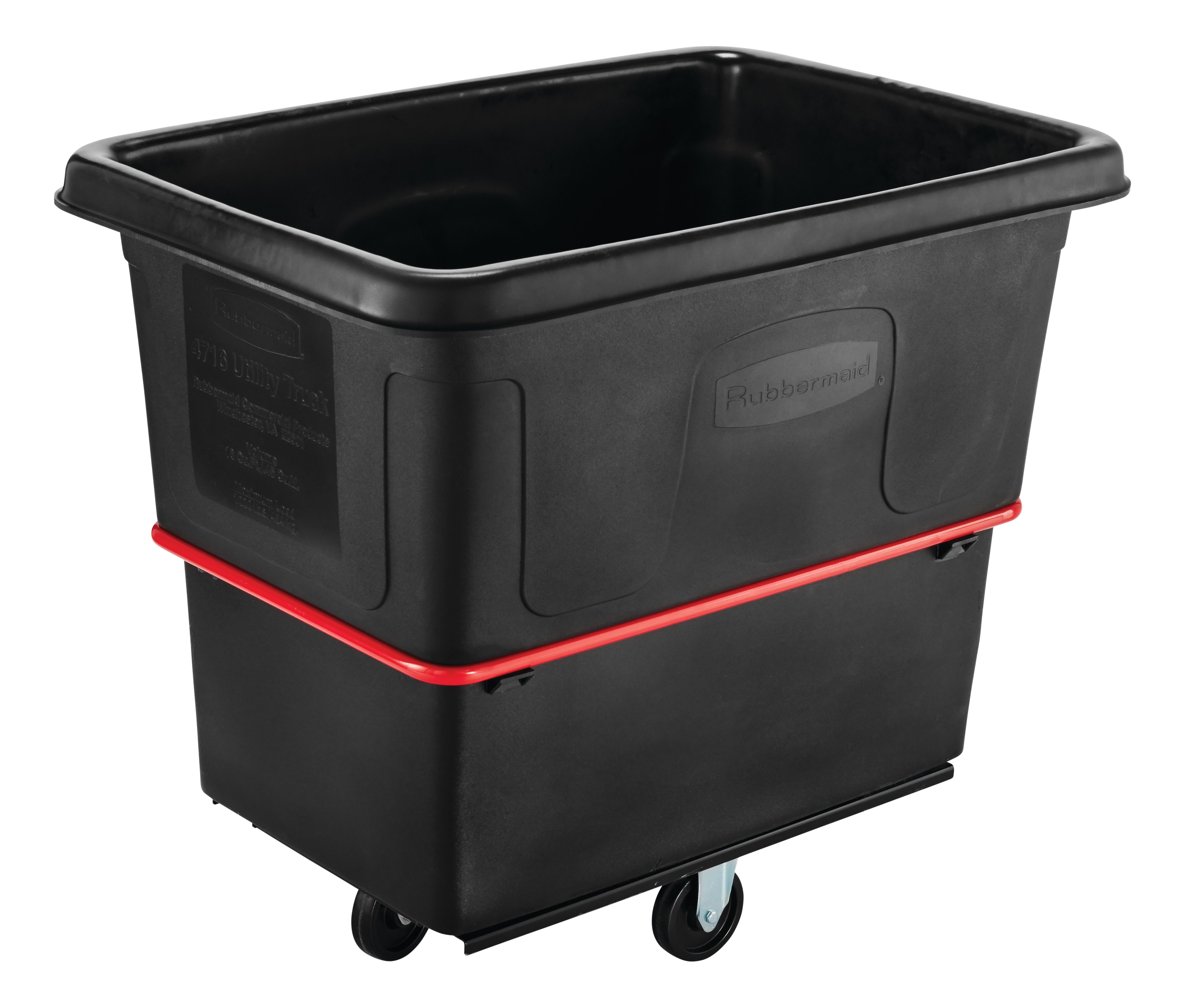 The Rubbermaid Commercial Cube Truck is constructed of durable rotomolded plastic and is designed to transport waste, laundry, and other materials.