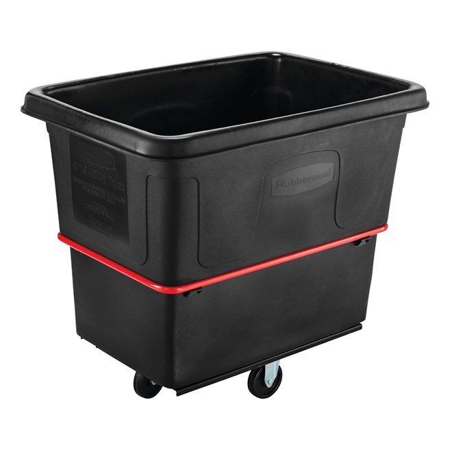 The Rubbermaid Commercial Cube Truck is constructed of durable rotomolded plastic and is designed to transport waste, laundry, and other materials.
