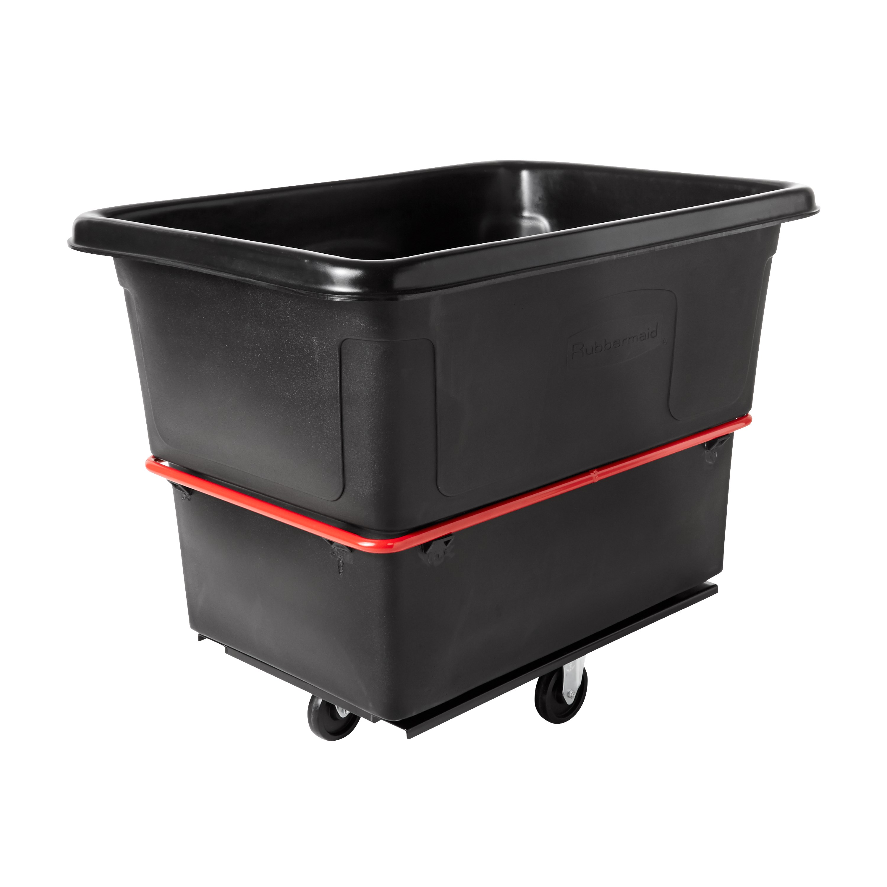 The Rubbermaid Commercial Cube Truck is constructed of durable rotomolded plastic and is designed to transport waste, laundry, and other materials.