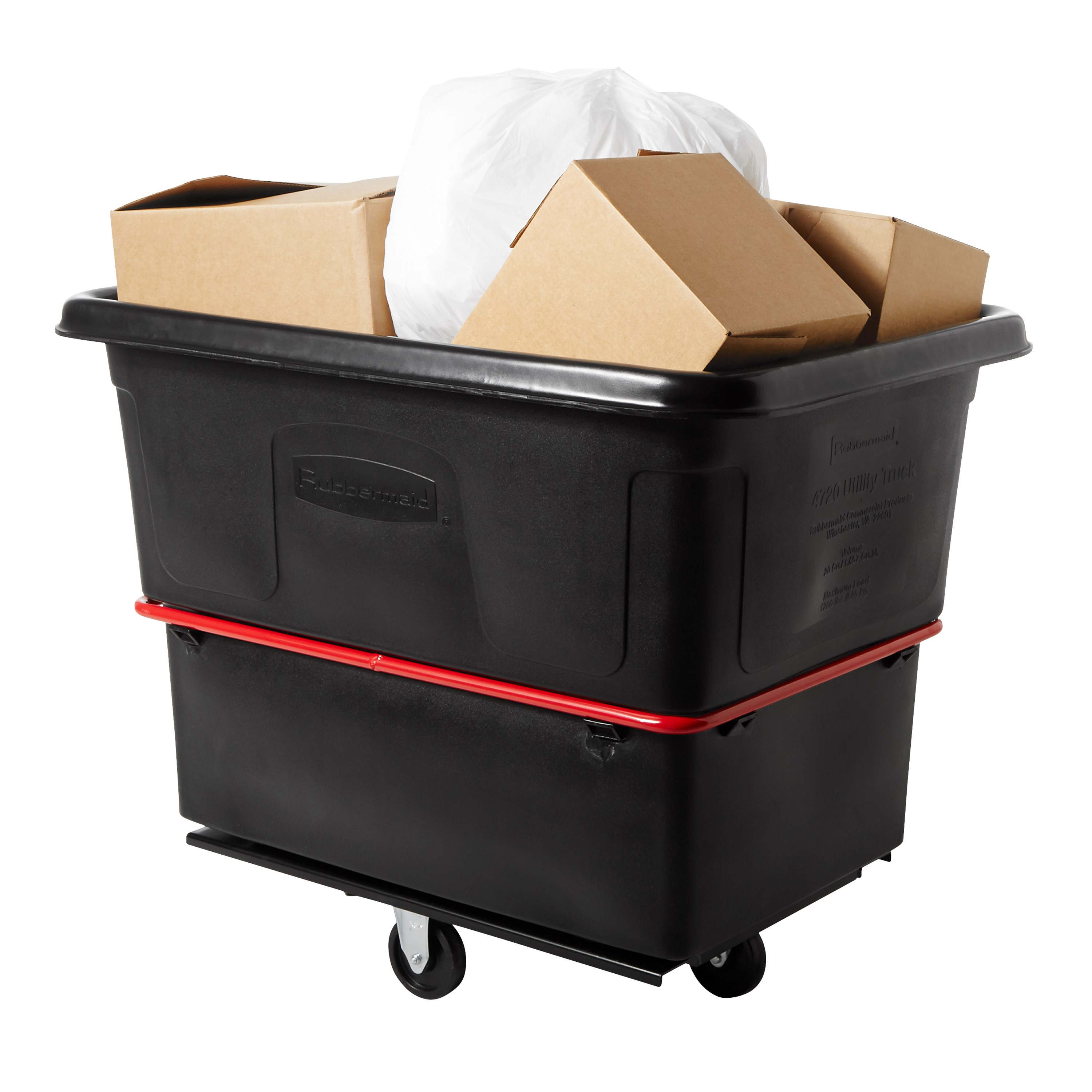 The Rubbermaid Commercial Cube Truck is constructed of durable rotomolded plastic and is designed to transport waste, laundry, and other materials.