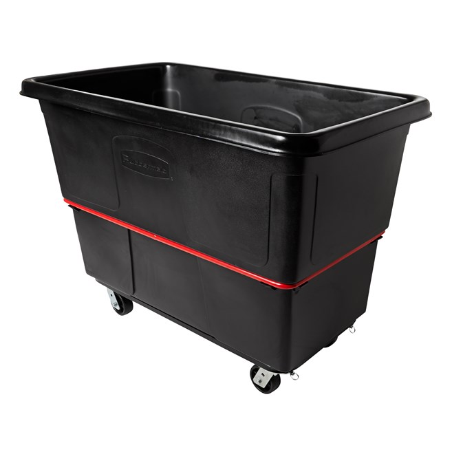 The Rubbermaid Commercial Cube Truck is constructed of durable rotomolded plastic and is designed to transport waste, laundry, and other materials.