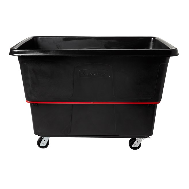 The Rubbermaid Commercial Cube Truck is constructed of durable rotomolded plastic and is designed to transport waste, laundry, and other materials.