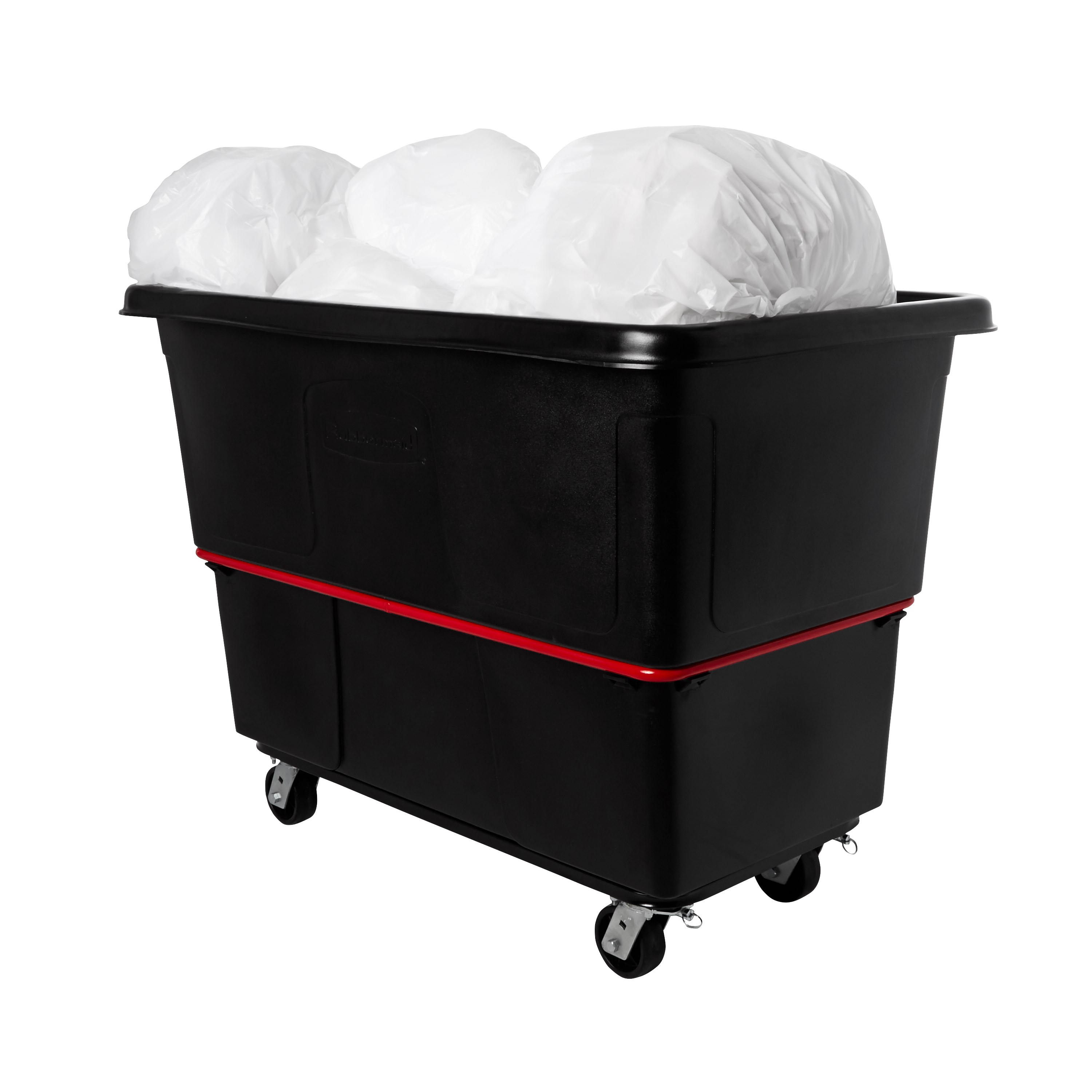 The Rubbermaid Commercial Cube Truck is constructed of durable rotomolded plastic and is designed to transport waste, laundry, and other materials.