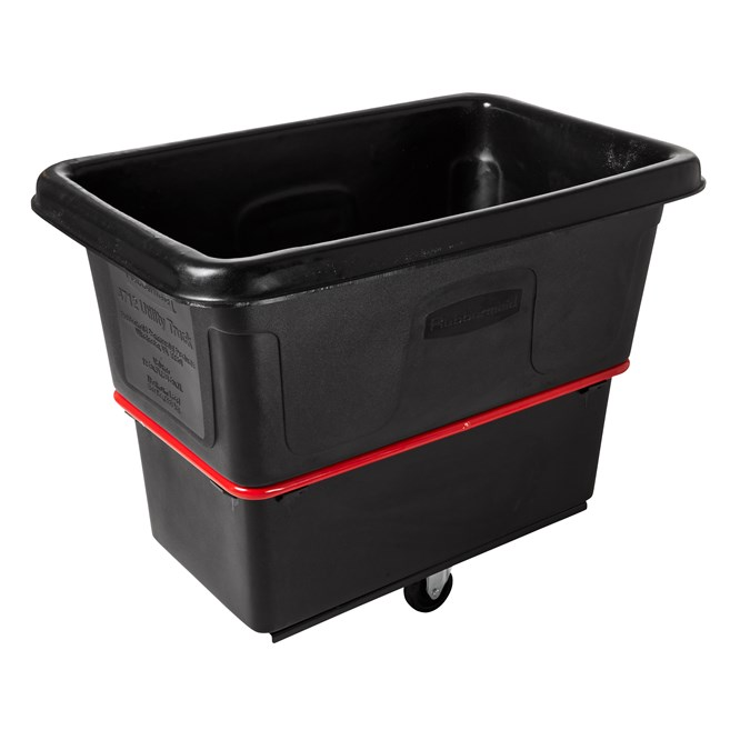 The Rubbermaid Commercial 12 cu ft Heavy-Duty Utility Cube Truck, 800 lbs load capacity, black.